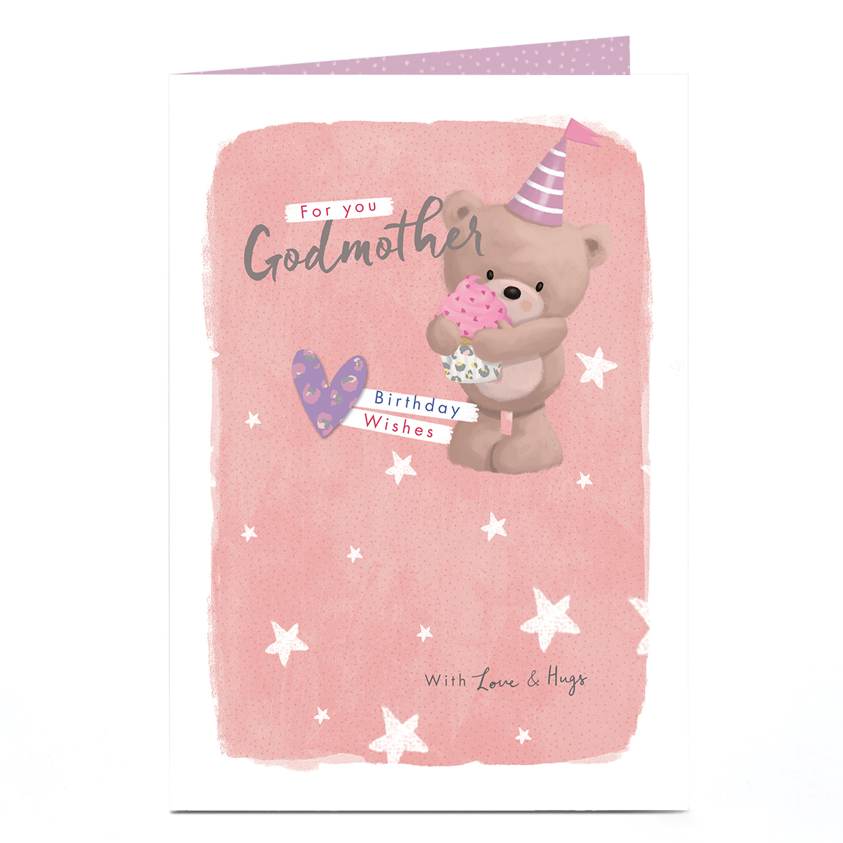 Hugs Birthday Card - Pink Pastels Bear with Cupcake, Godmother