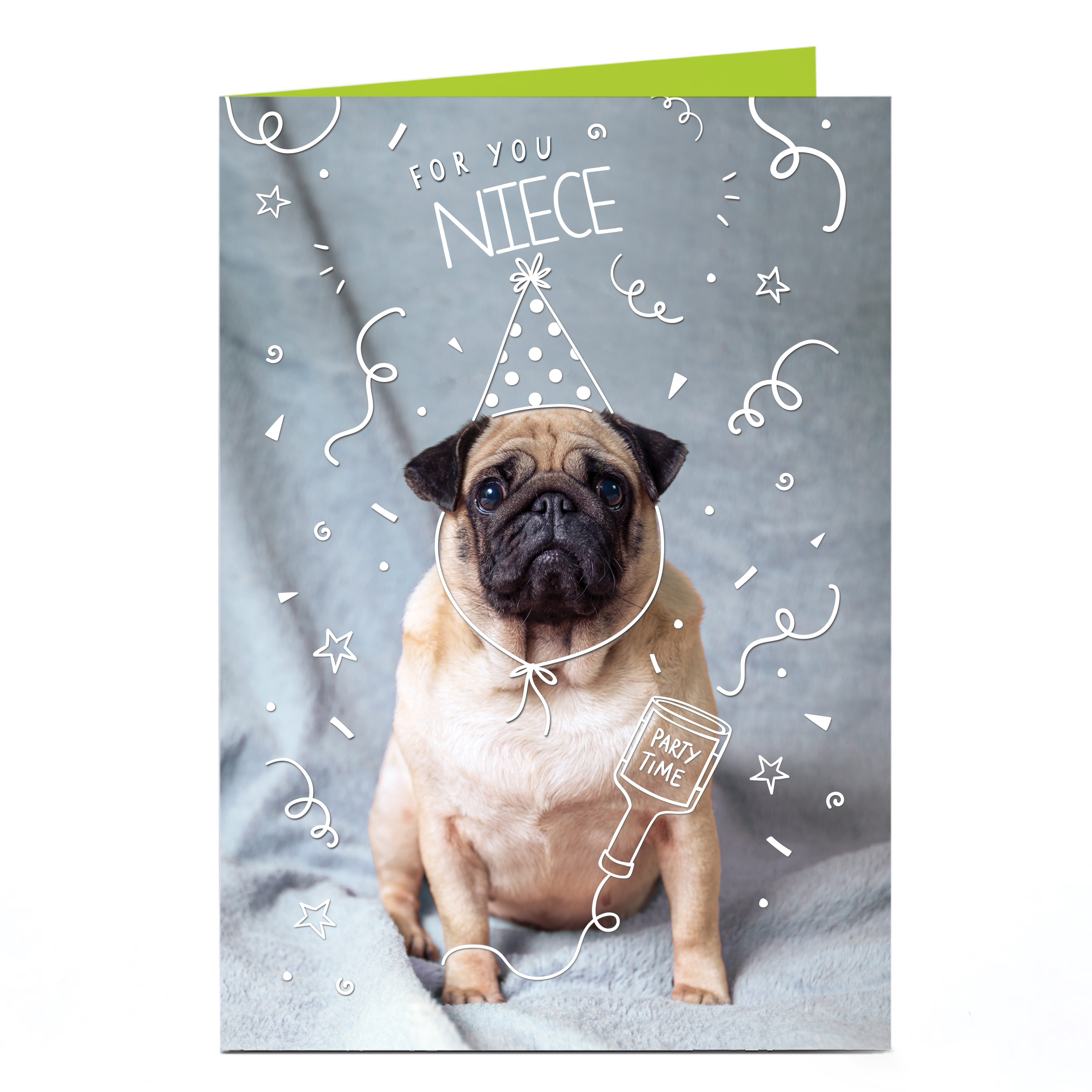 Personalised Card - Party Pug, Niece