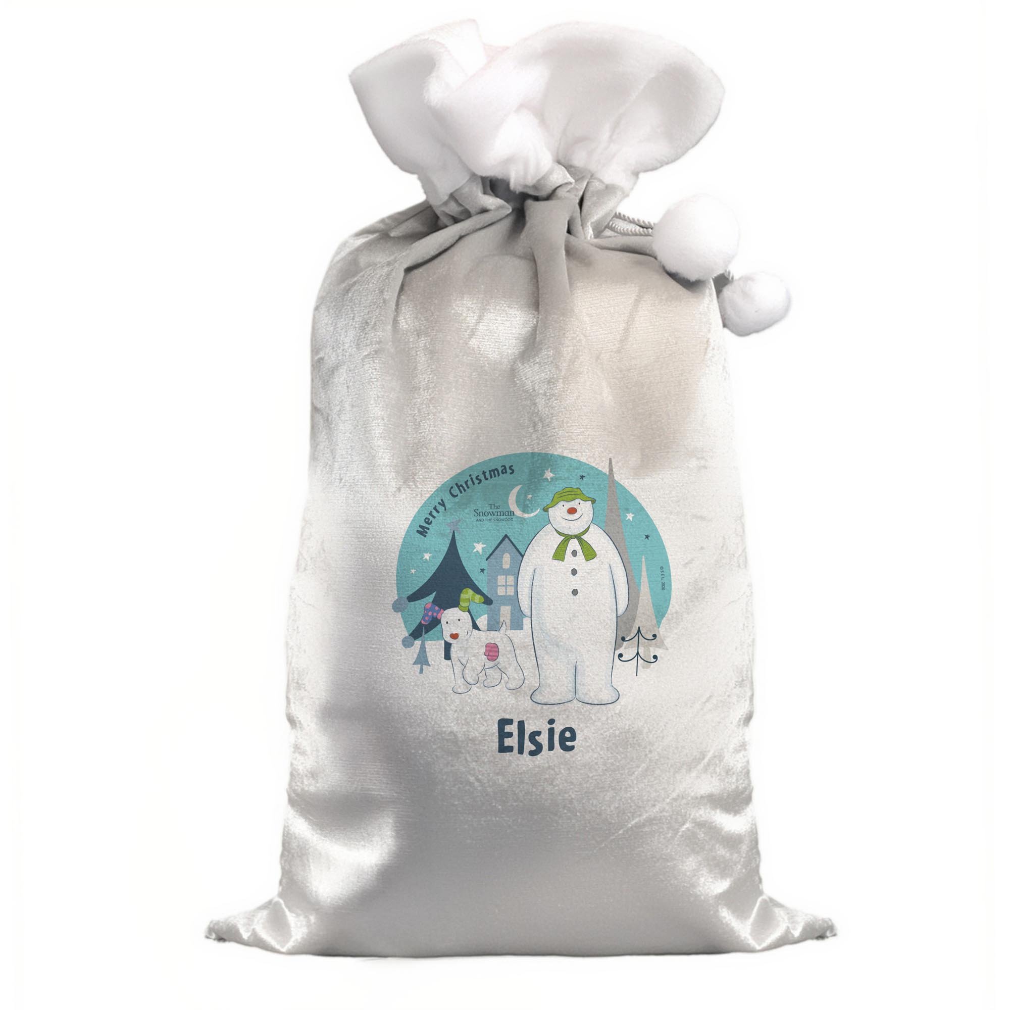 Personalised The Snowman & the Snowdog Luxury Silver Grey Pom Pom Sack