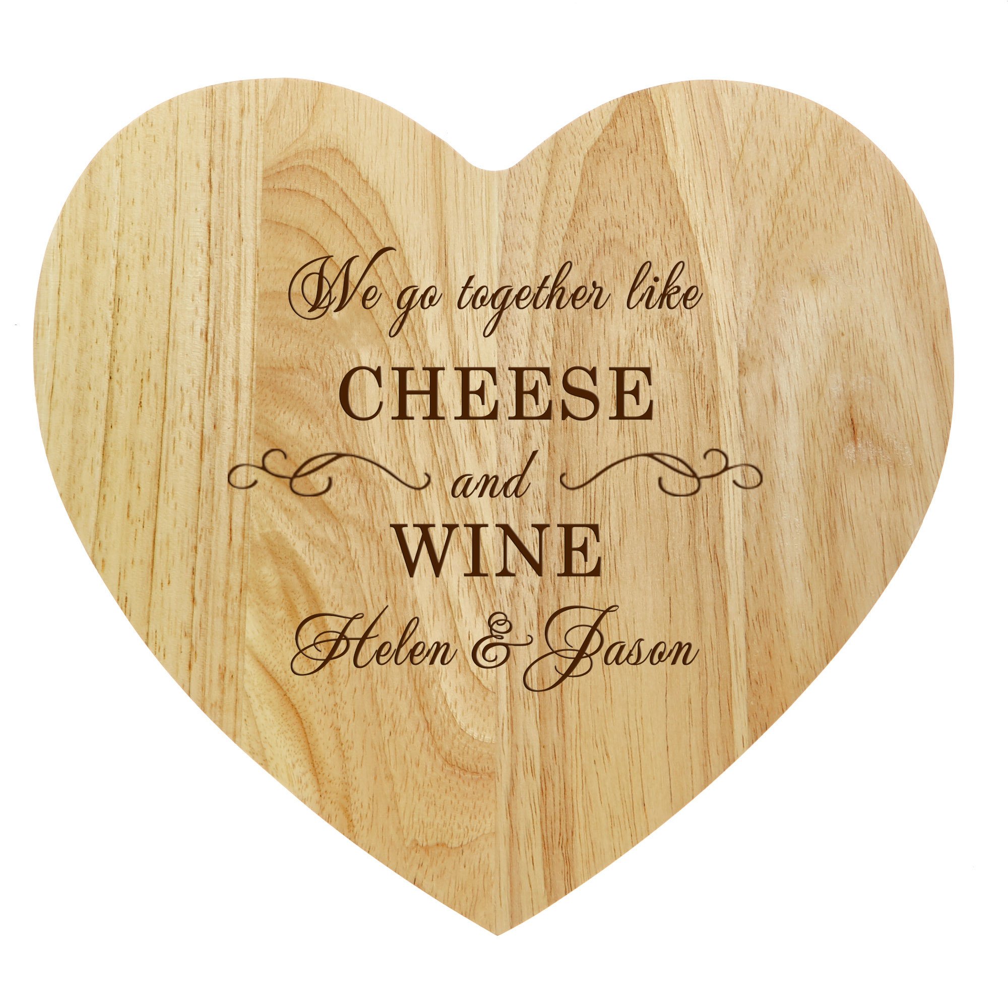 Personalised Engraved Heart-Shaped Wooden Cheeseboard Set - Like Cheese & Wine