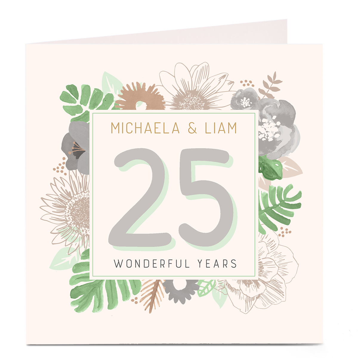 Personalised Anniversary Card - Flowers & Green Leaves