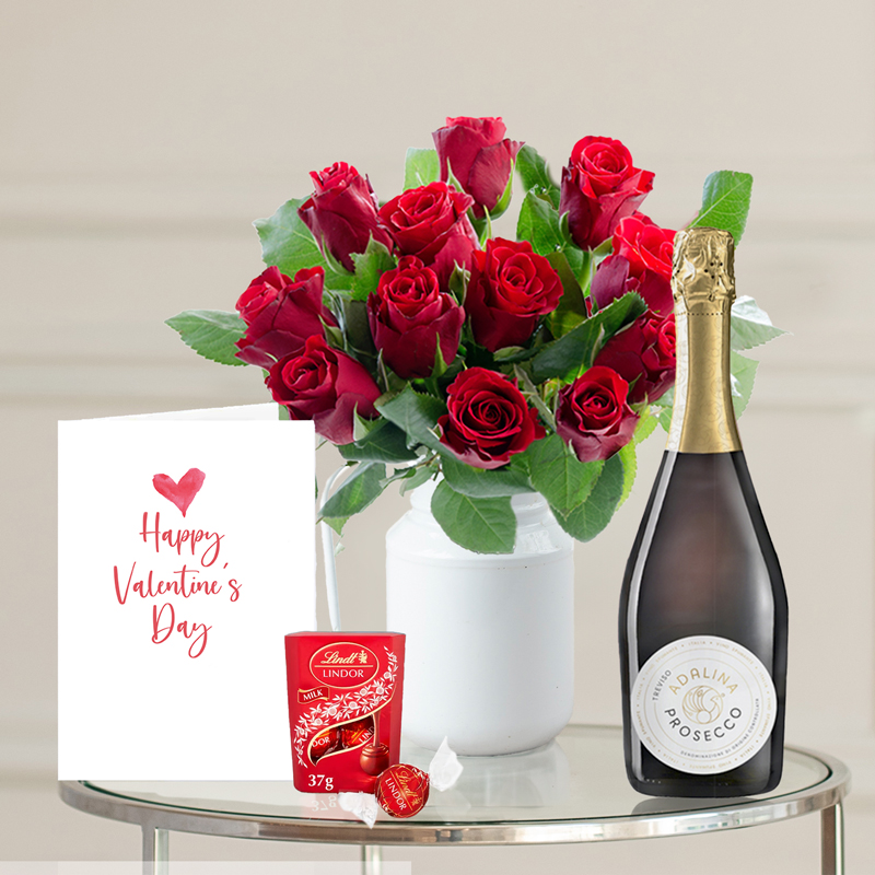 12 Red Roses, Lindor Chocolates, Prosecco & Valentine's Card Bundle - Free Delivery!