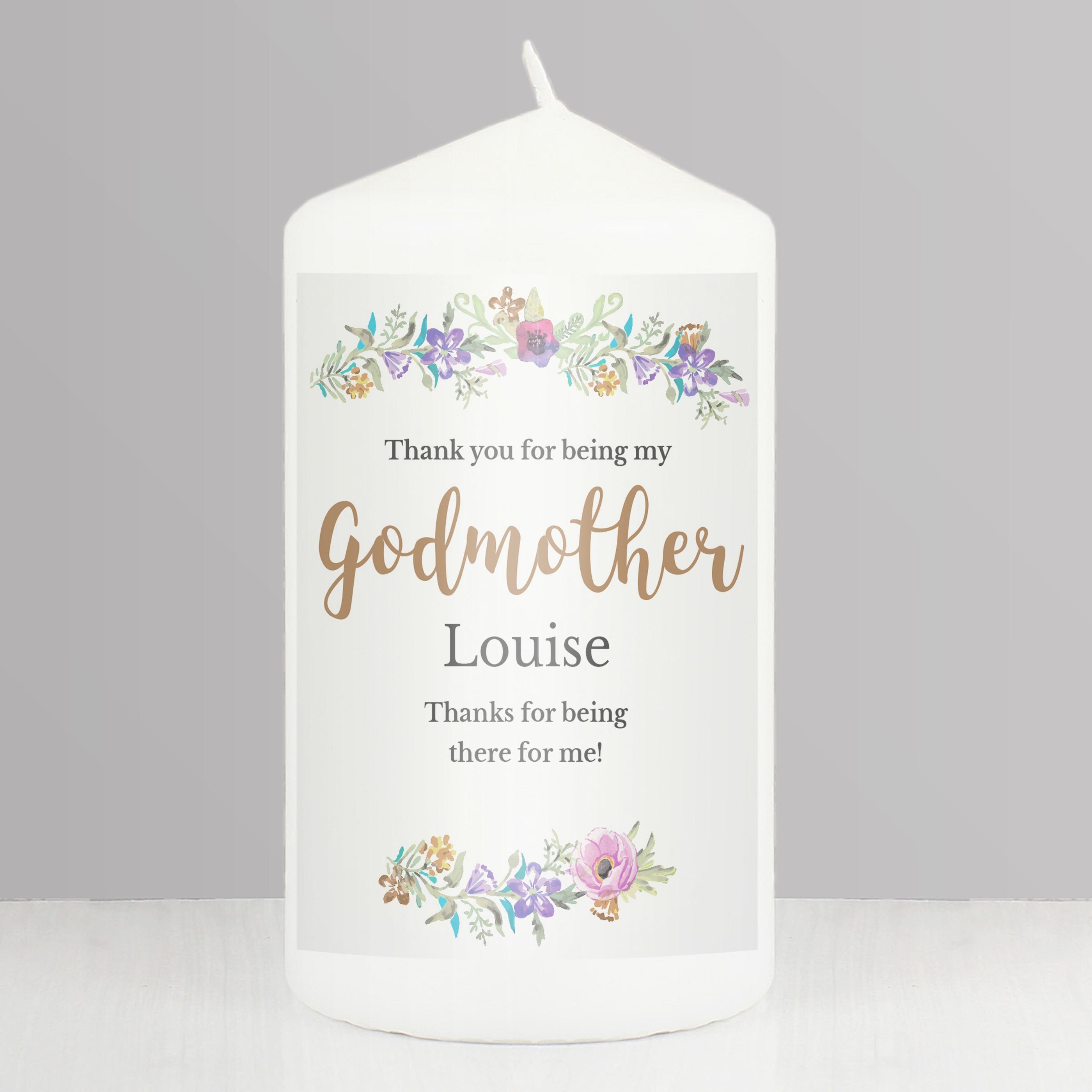 Personalised Godmother Floral Watercolour Pillar Candle