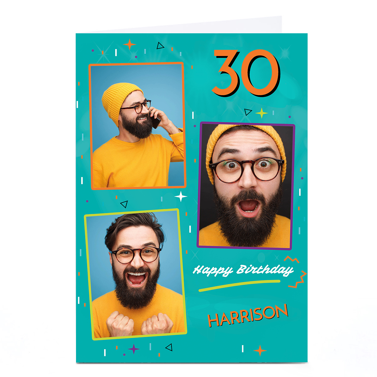 Photo Birthday Card - Blue & Orange Frames, Editable Age