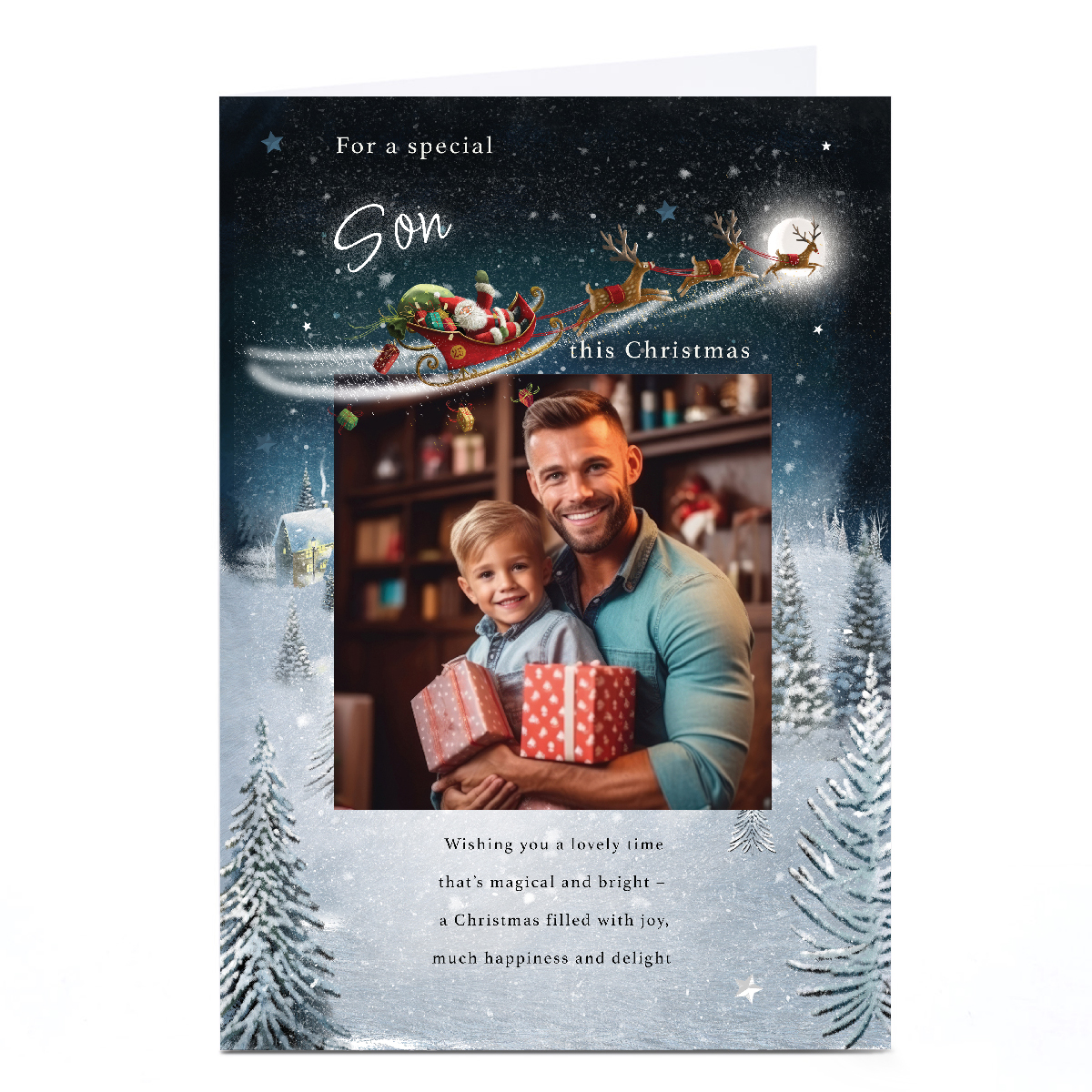 Photo Christmas Card - Santa's Sleigh over Snowy Town, Son