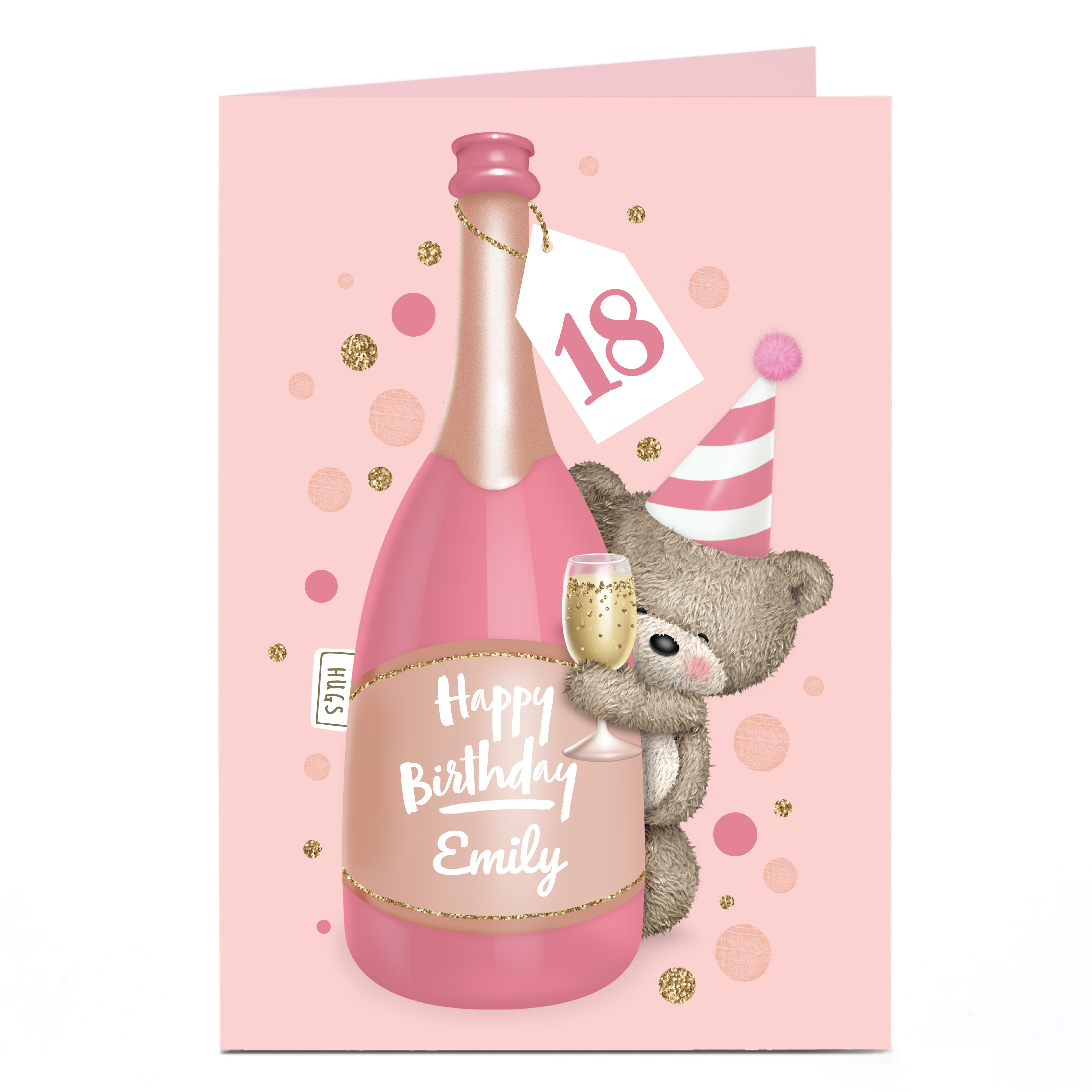Personalised Any Age Hugs Bear Birthday Card - Pink Champagne