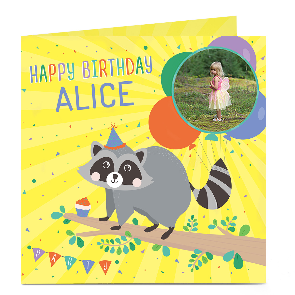 Photo Birthday Card - Raccoon & Balloons