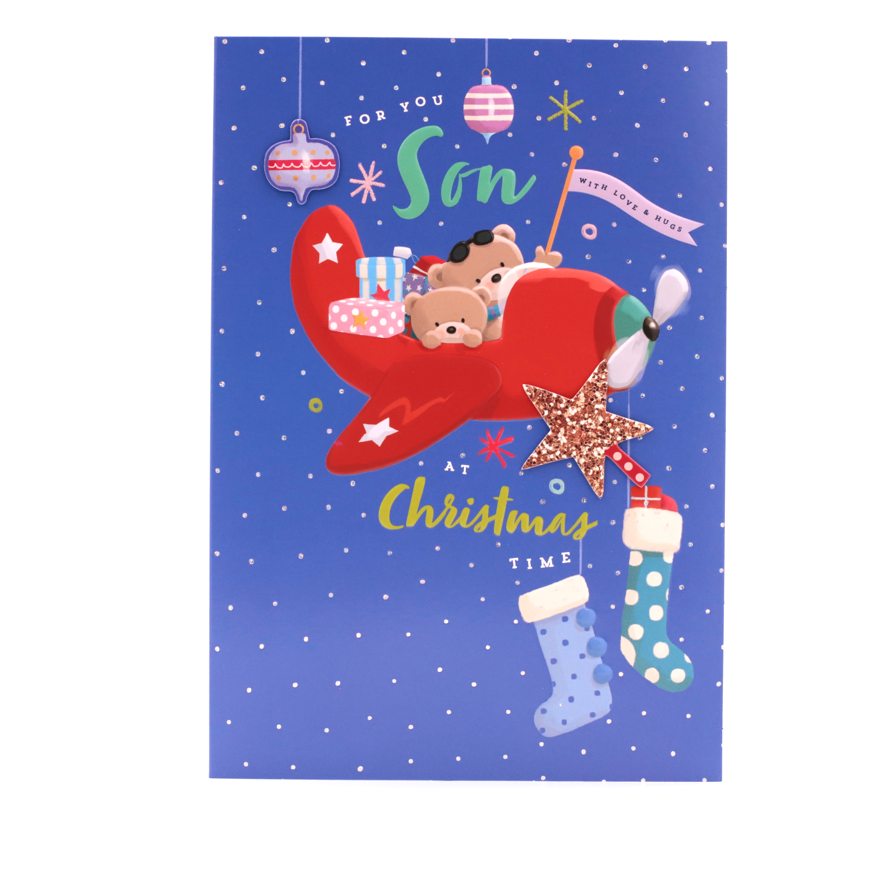 Christmas Card - Son, Cute Bears In Aeroplane