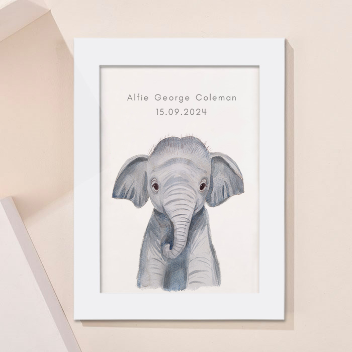 Personalised New Born Elephant Framed Print