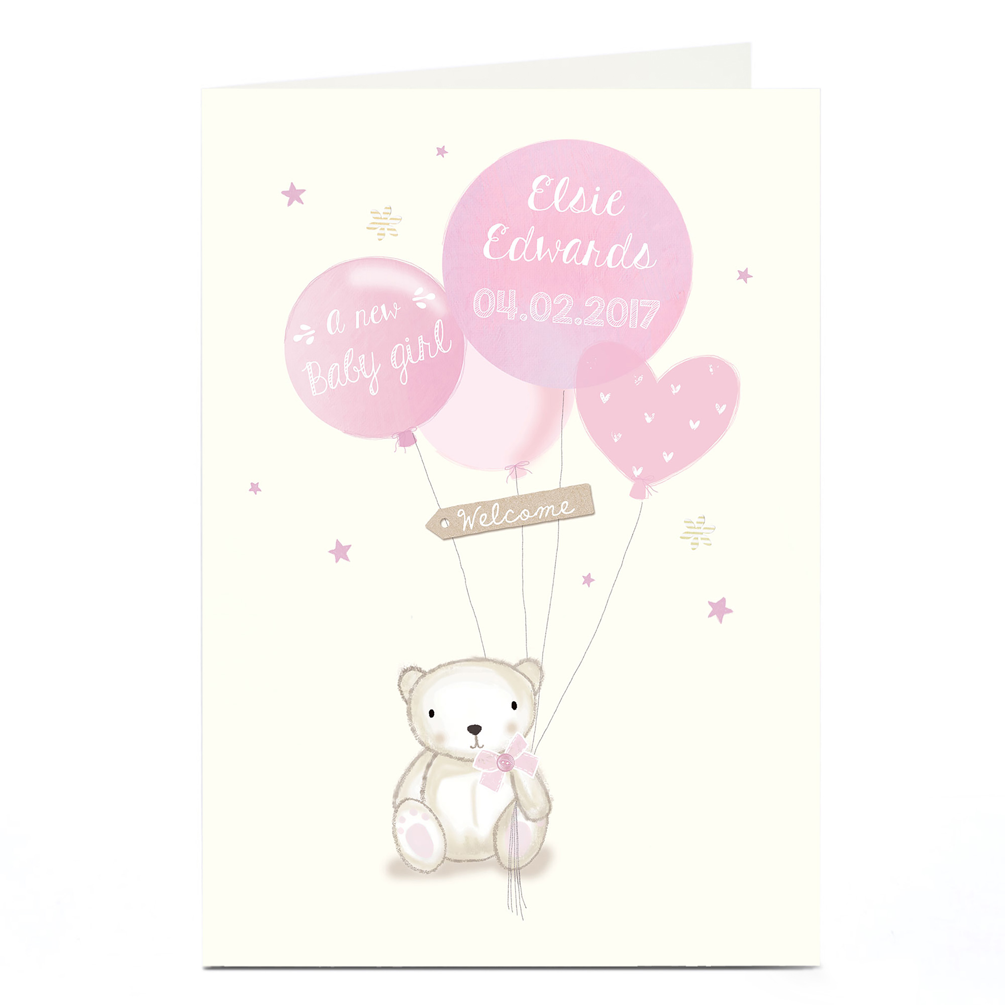 Personalised New Baby Card - Baby Girl Bear & Balloons