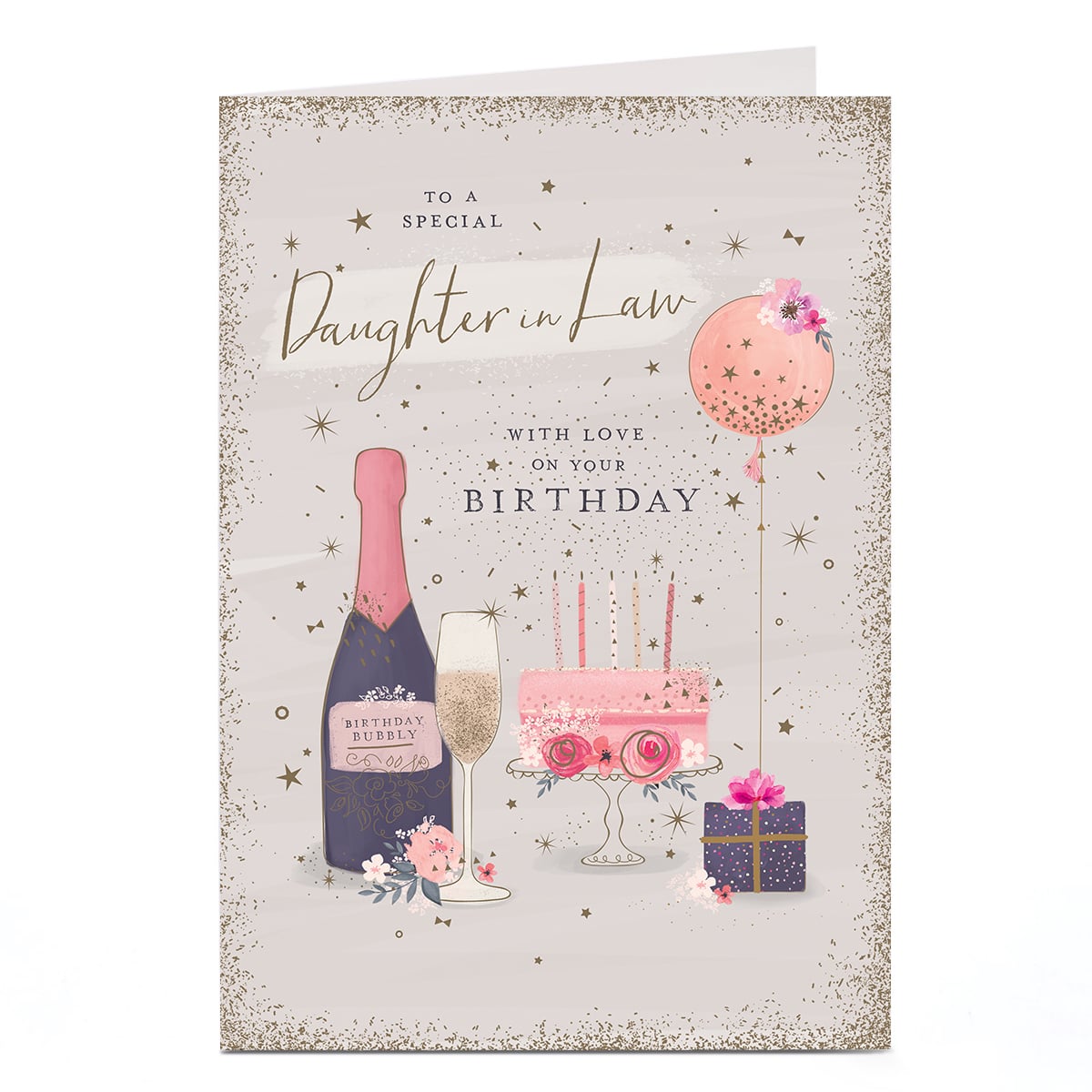 Birthday Card - Sparkle Champagne and Cake, Daughter-in-Law