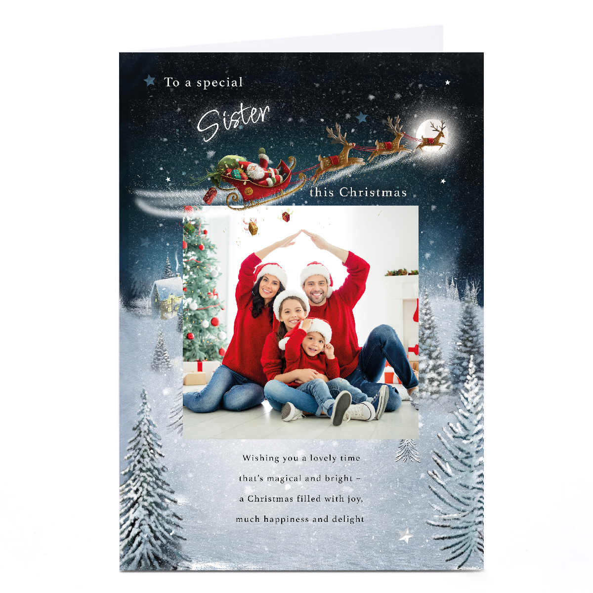 Photo Christmas Card - Santa's Sleigh over Snowy Town, Sister