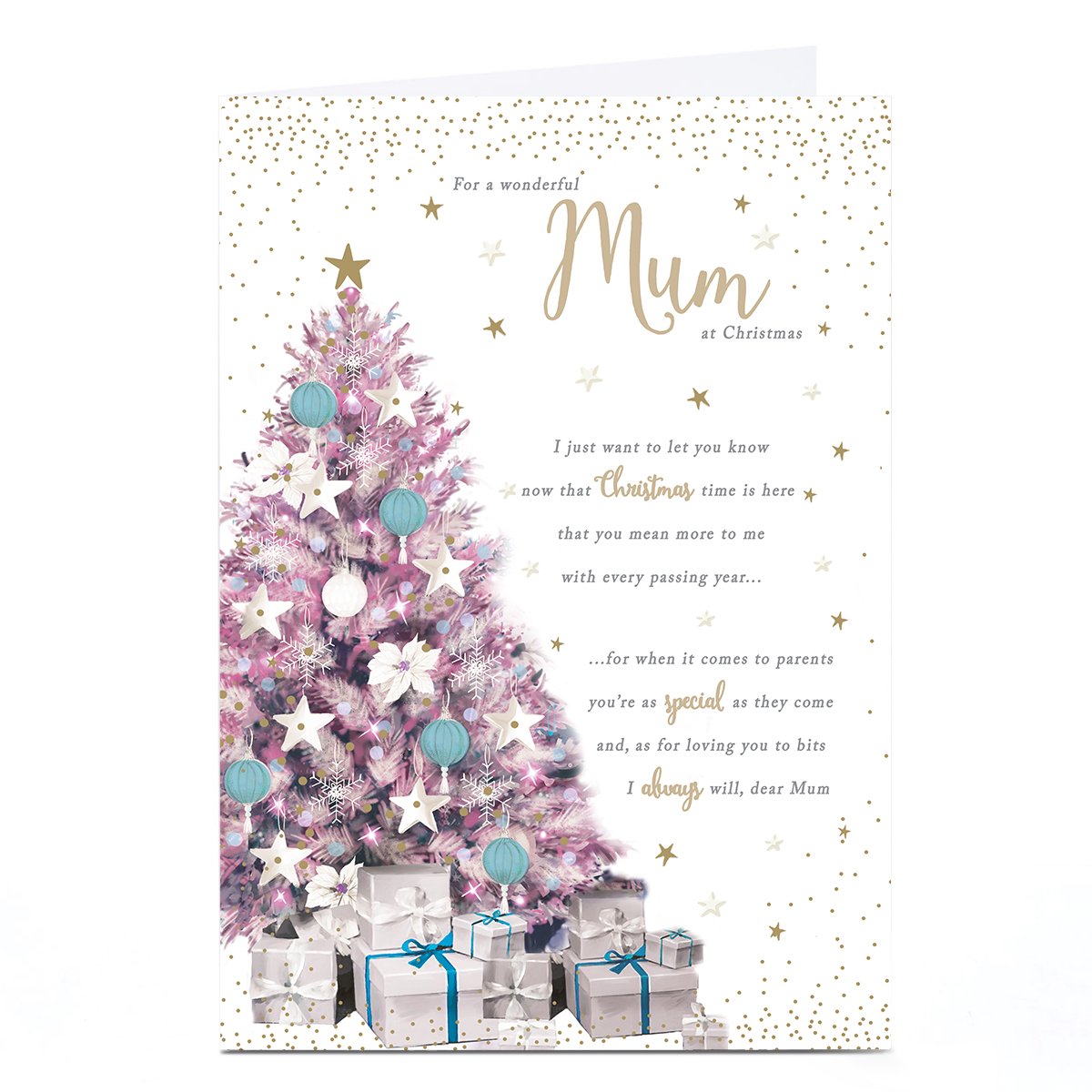 Personalised Christmas Card - Pink Christmas Tree with Presents, Mum