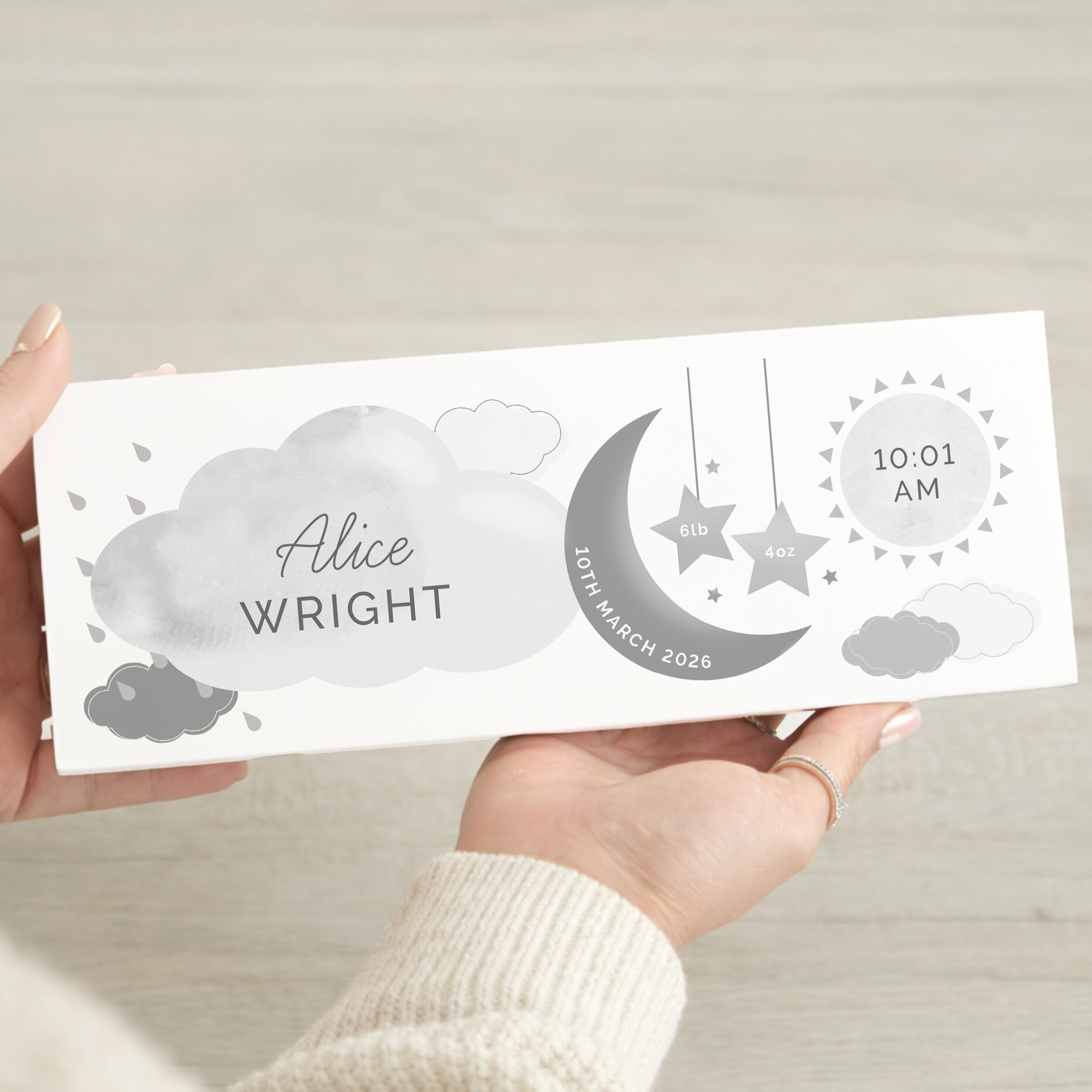 Personalised New Baby Moon & Stars Wooden Mantel Decoration