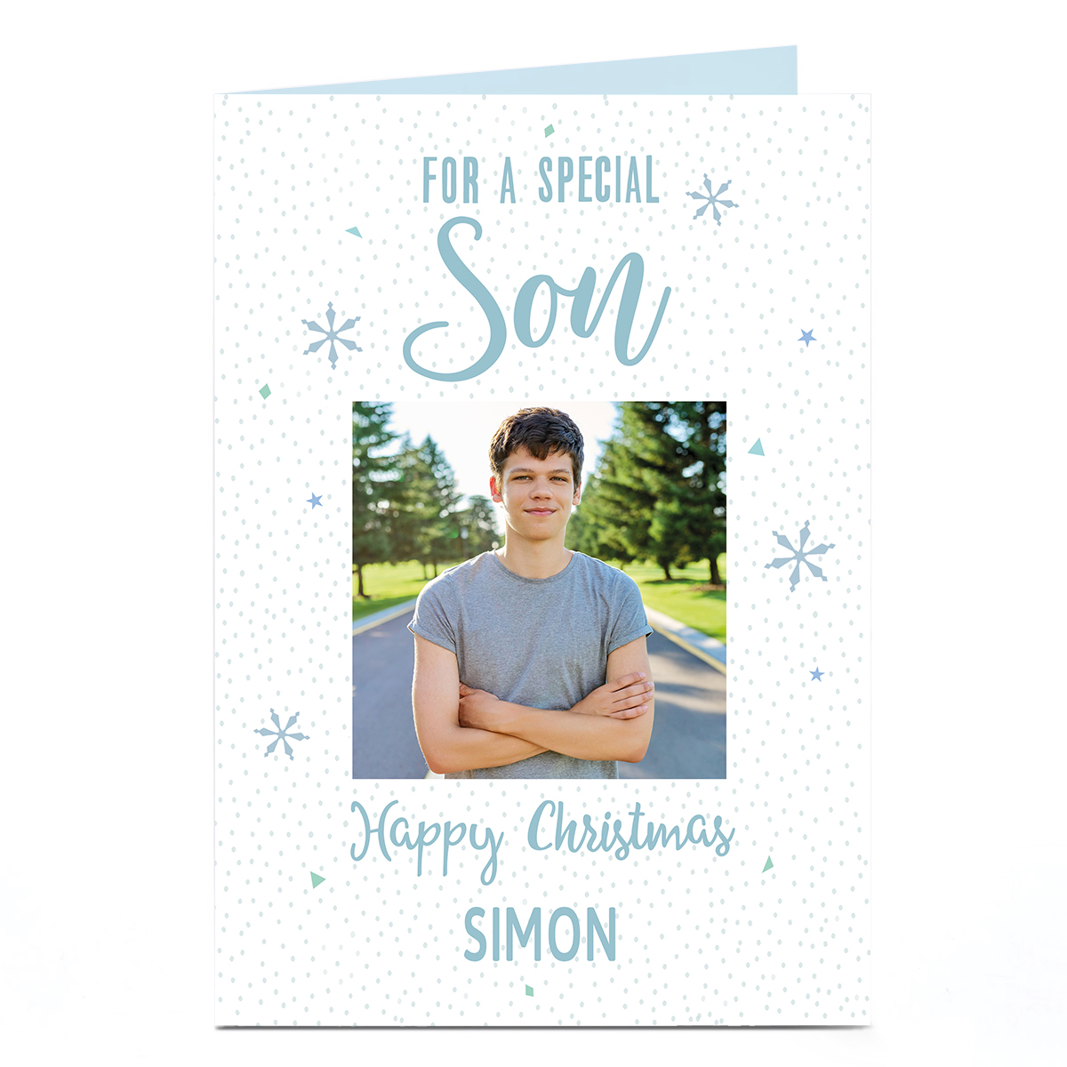 Photo Christmas Card - Blue Snowflakes, Son 