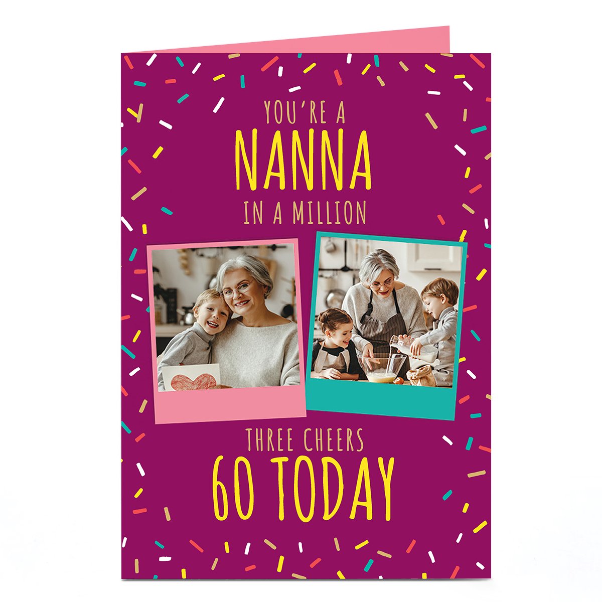 Photo Birthday Card - Nanna Confetti & Polaroids, Editable Age