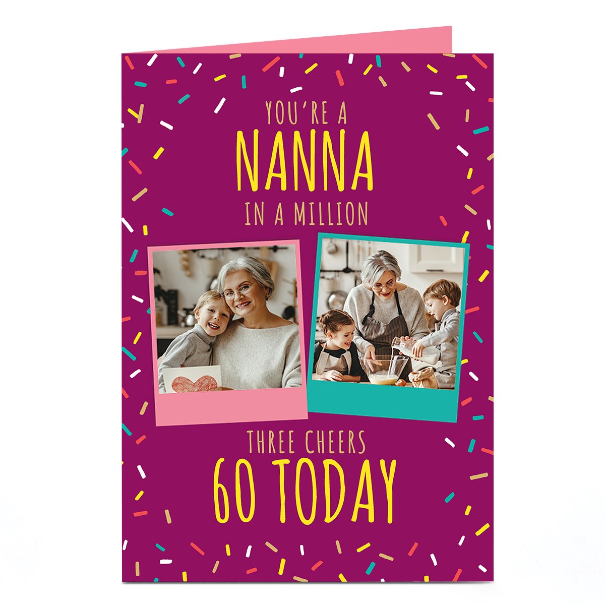 Photo Birthday Card - Three Cheers Confetti & Polaroids, Editable Age