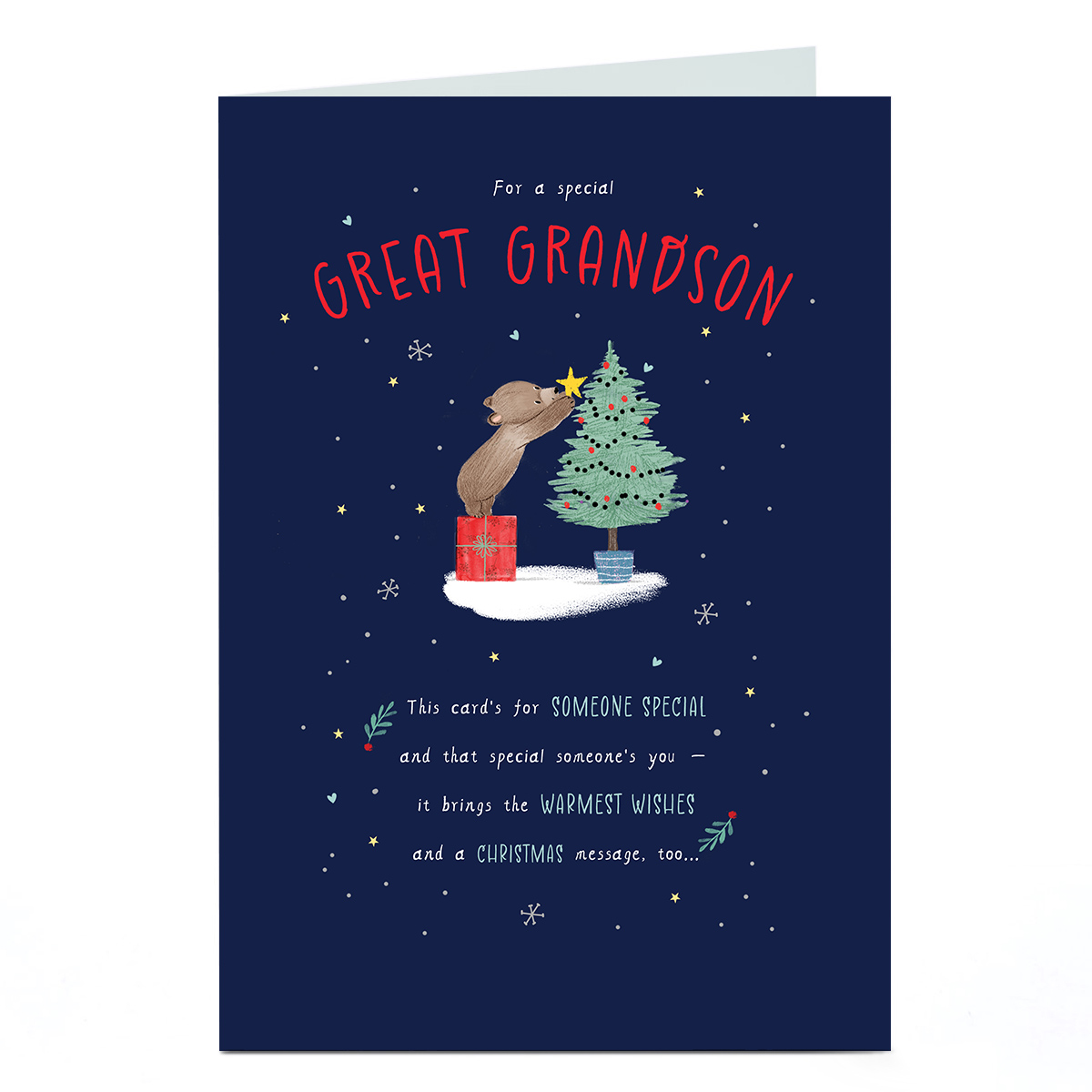 Christmas Card - Bear Putting Star on Tree, Great Grandson