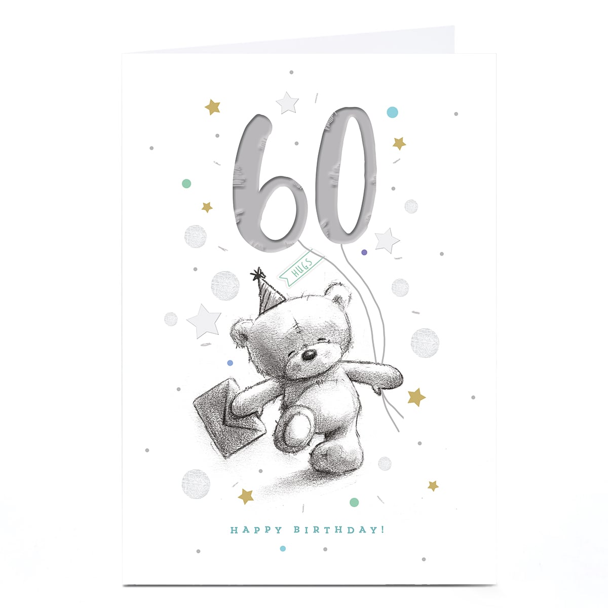 Hugs 60th Birthday Card - Skipping Bear with Balloons