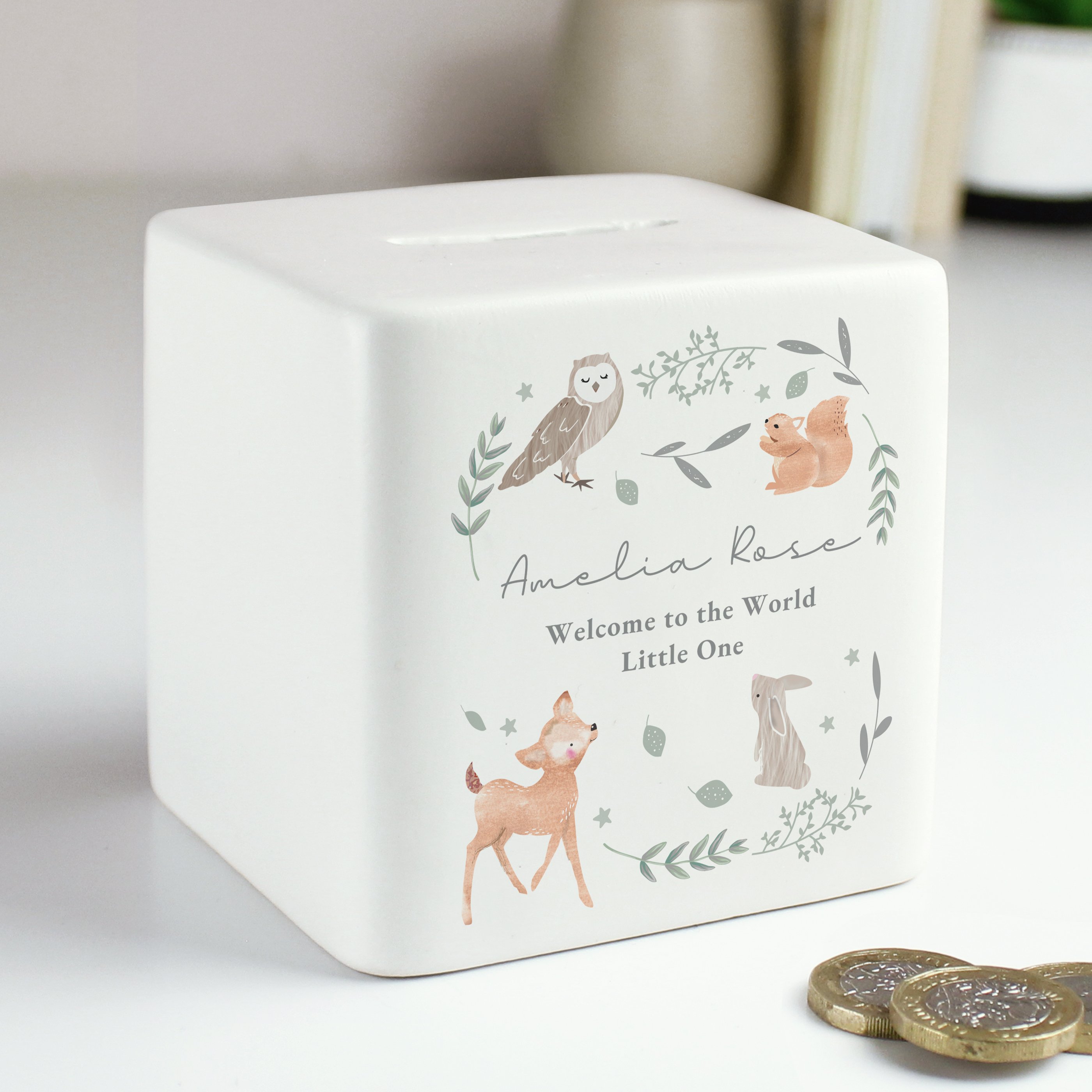 Personalised Woodland Animals Ceramic Square Money Box