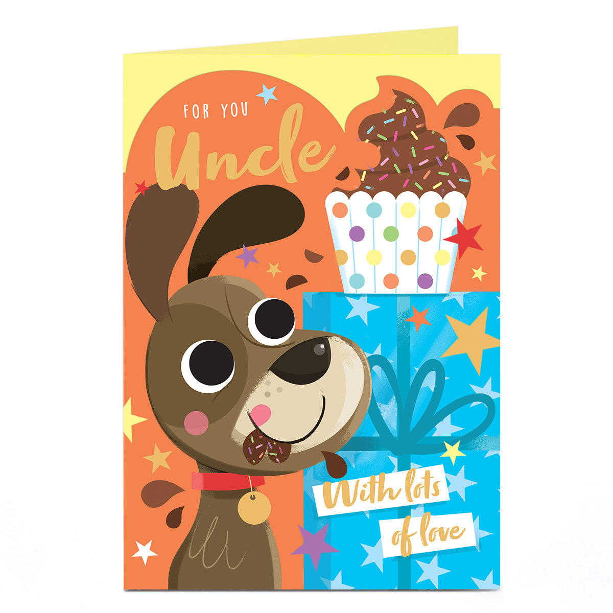 Birthday Card - Dog Cupcake and Present, Uncle