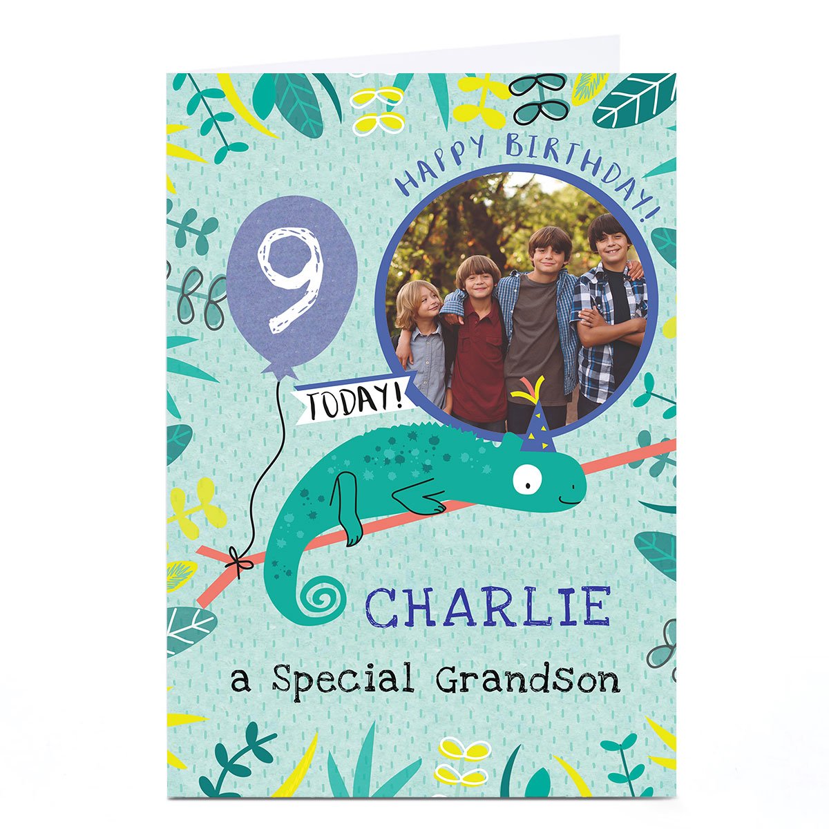 Photo Juniper & Rose Birthday Card - Grandson Lizard, Editable Age