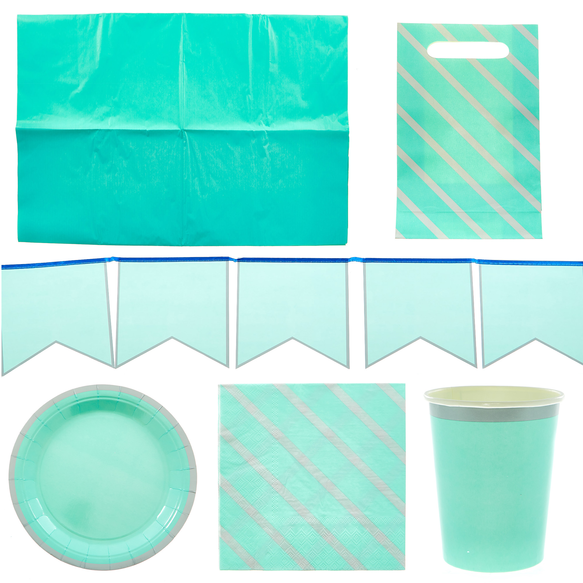 Teal & Silver Party Tableware & Decorations Bundle - 8 Guests