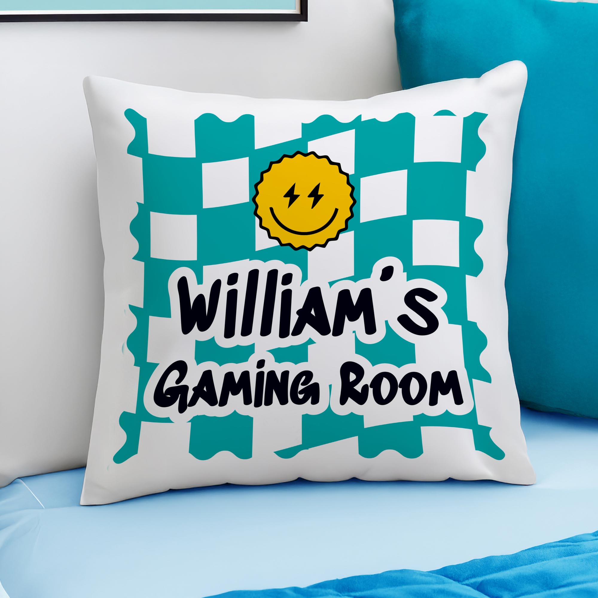 Personalised Blue Check Children's Bedroom Cushion