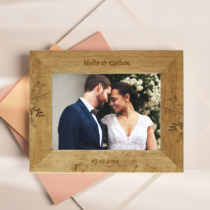 Personalised Engraved Wooden Picture Frame - Wedding, Names & Date Floral Design