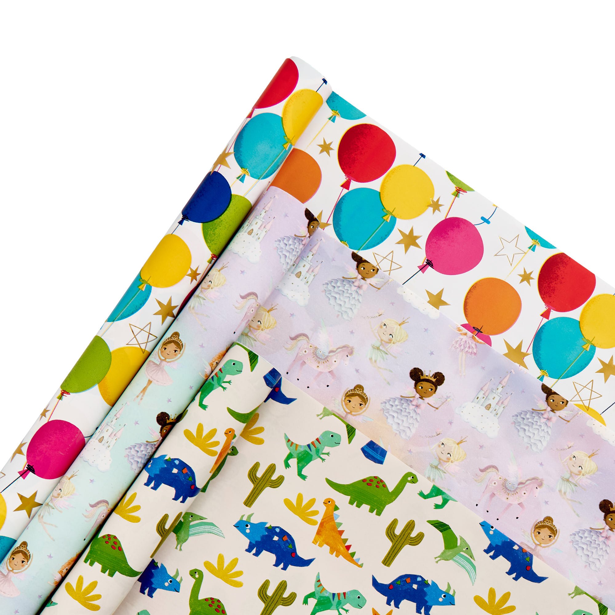 Dinosaurs Fairies & Balloons Wrapping Paper Rolls - Multipack of 3