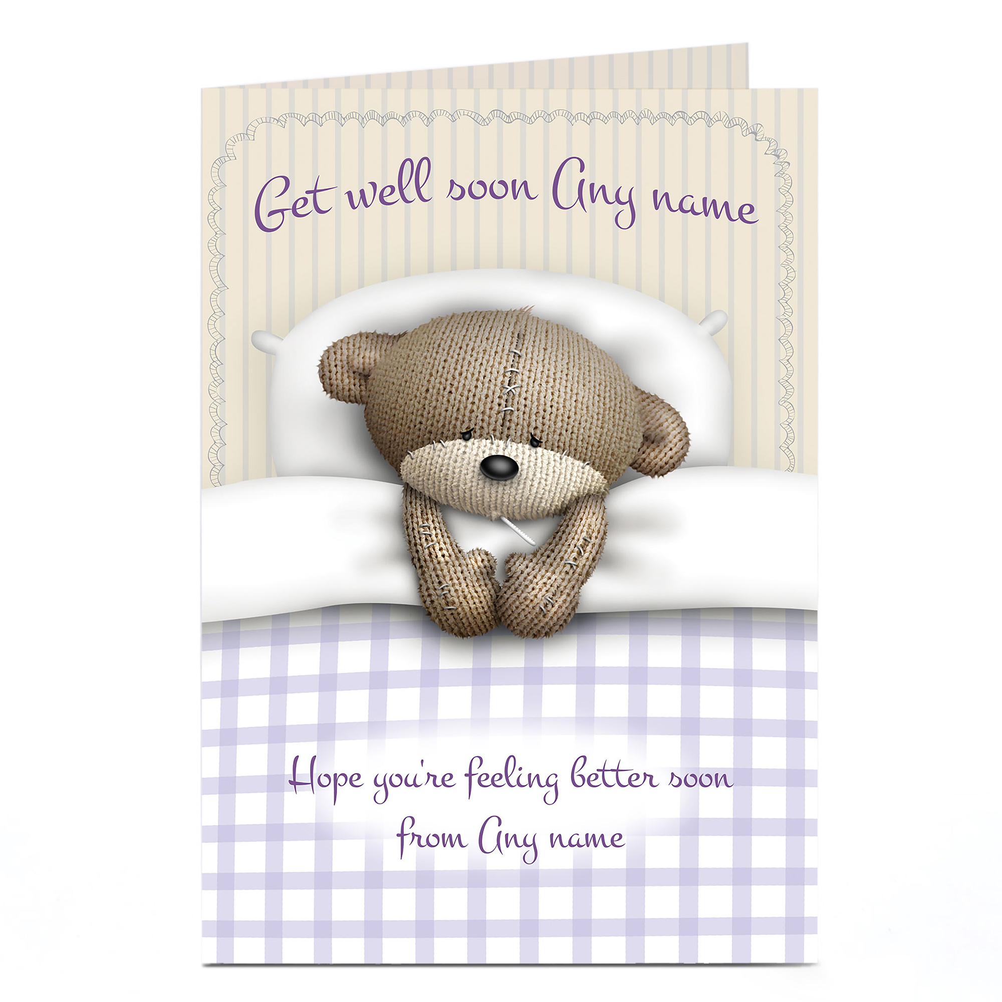 Personalised Hugs Bear Get Well Soon Card - In Bed