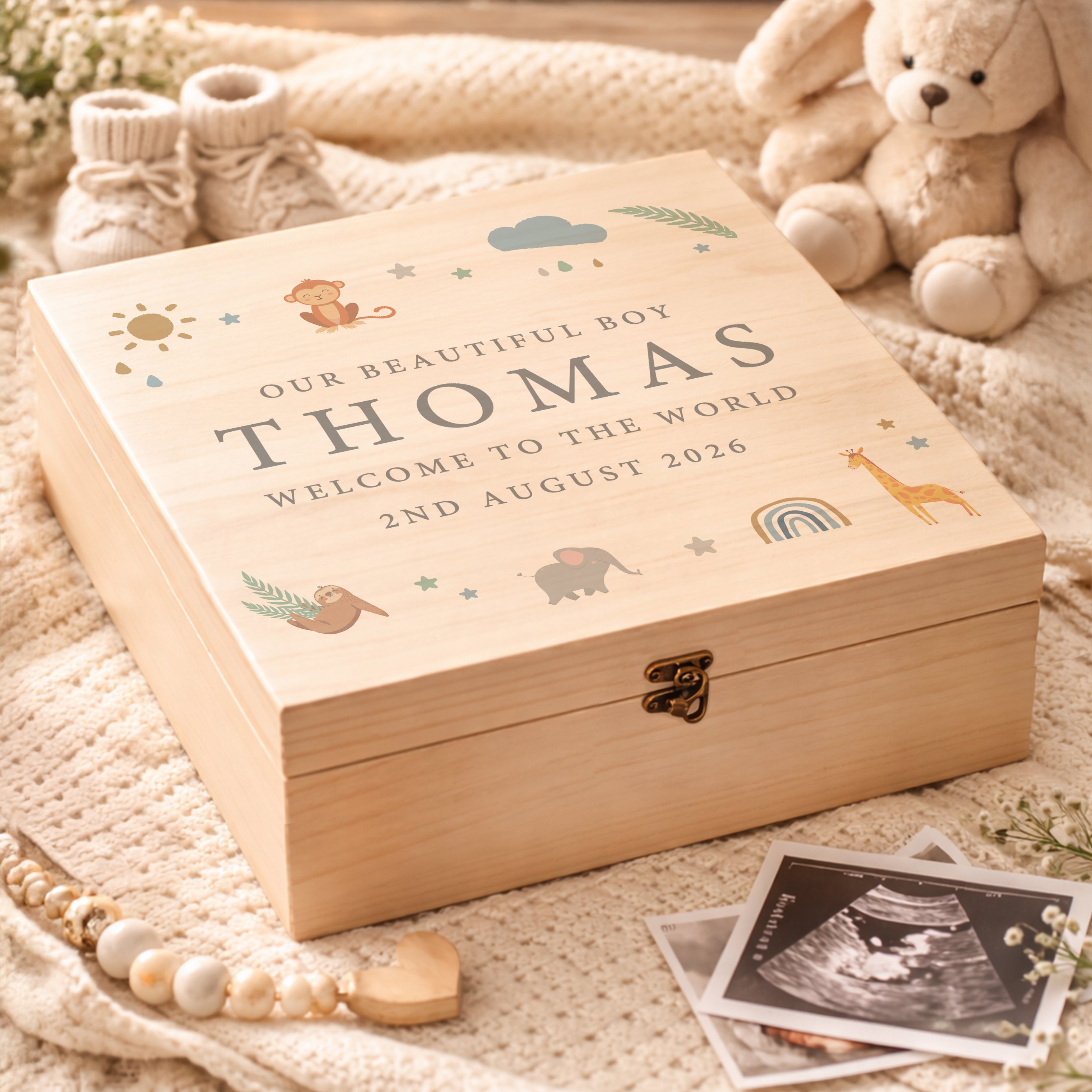 Personalised Safari Animals Large Wooden Keepsake Box