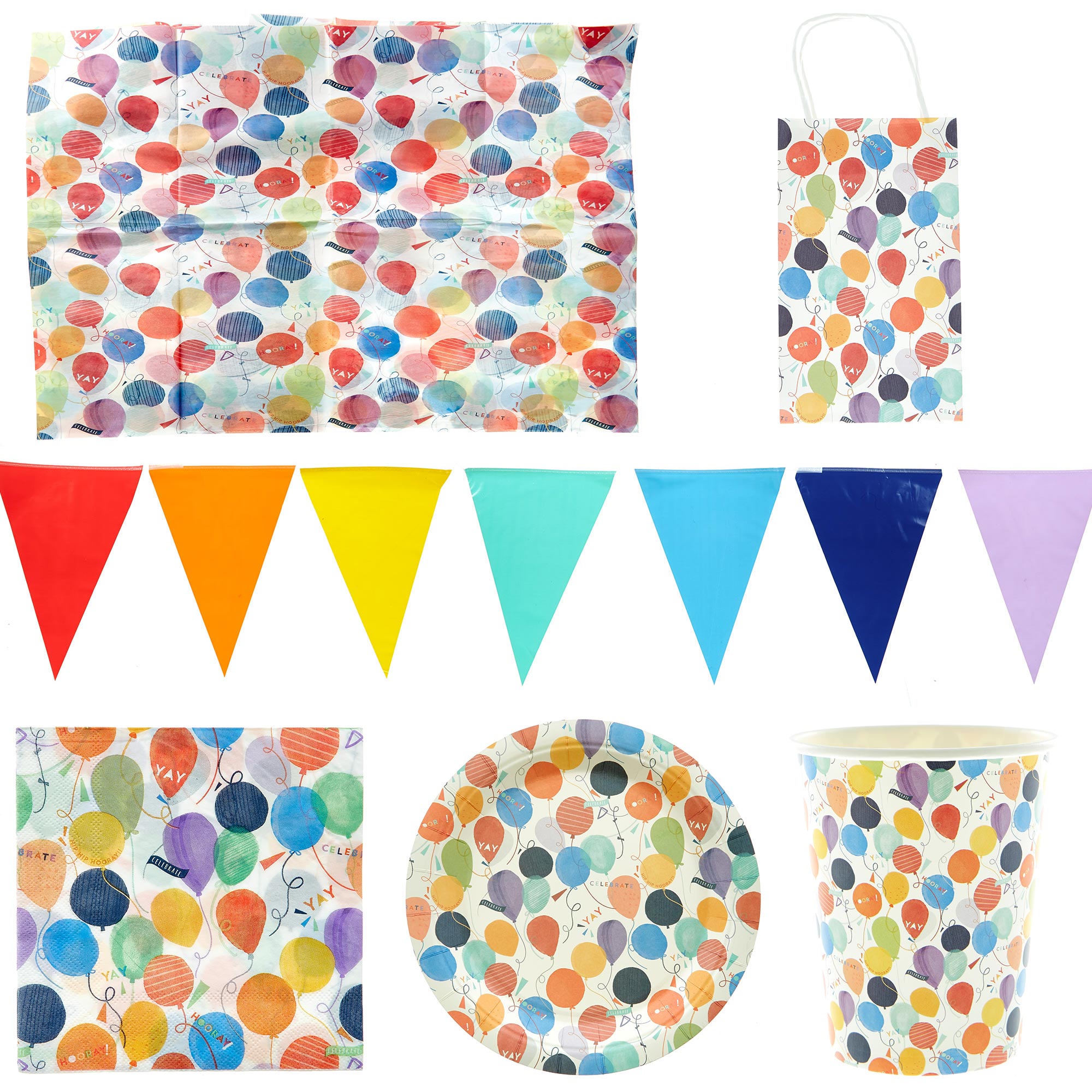 Rainbow Balloons Party Tableware & Decorations Bundle - 8 Guests