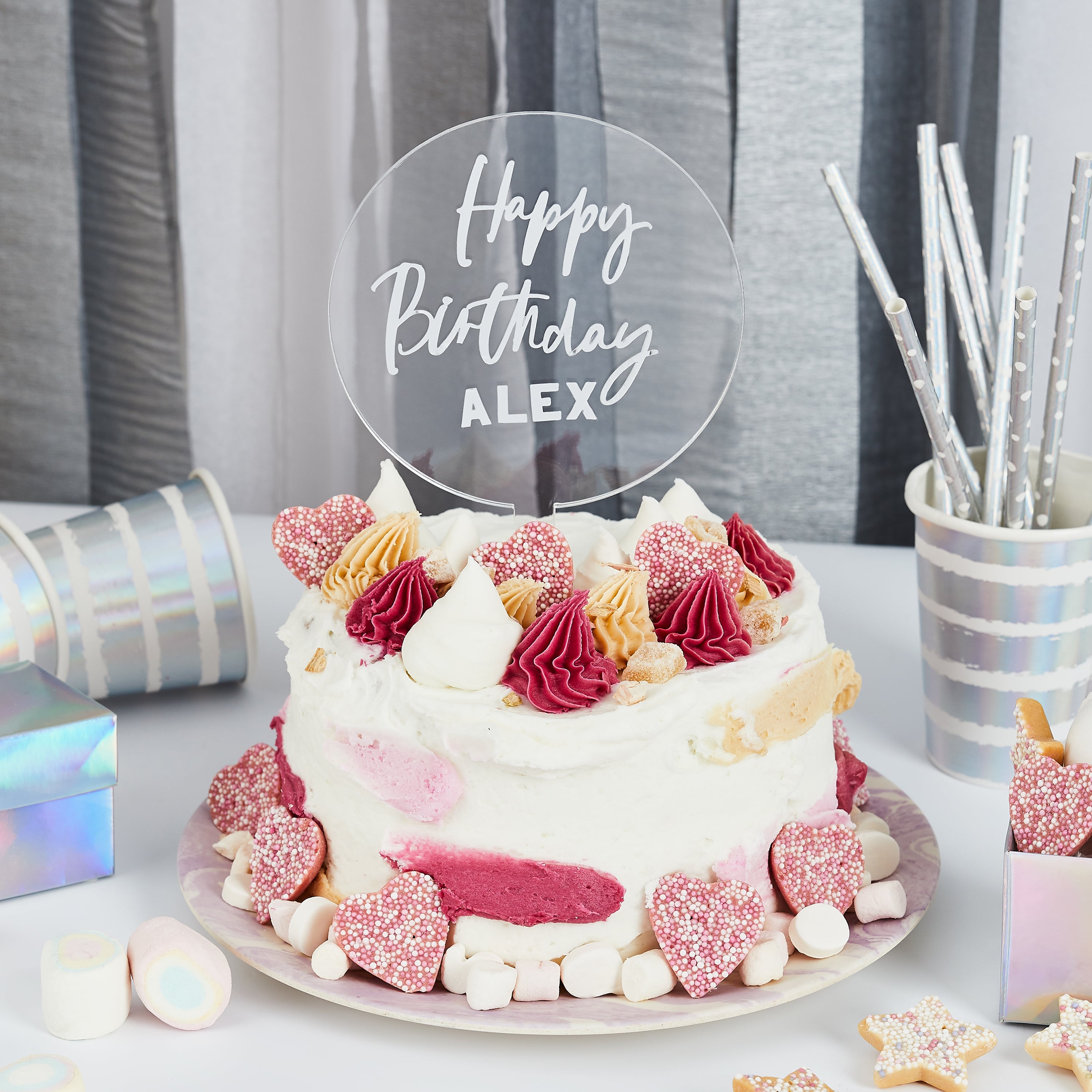 Metallic Silver Customisable Acrylic Cake Topper