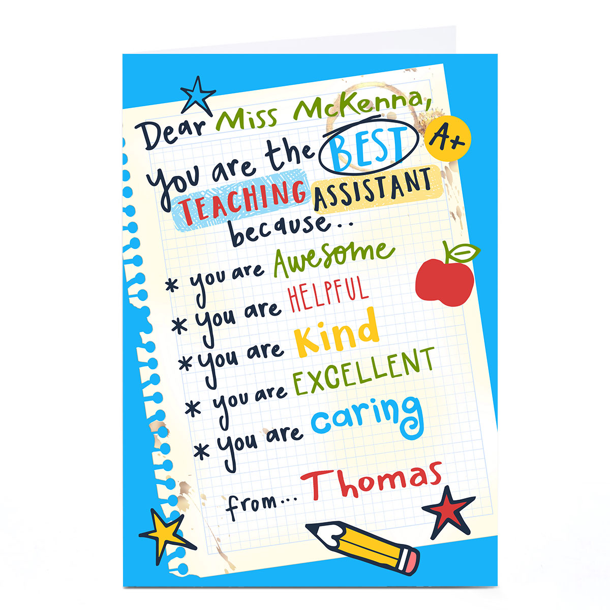 Personalised Bev Hopwood Thank You Card - Teaching Assistant