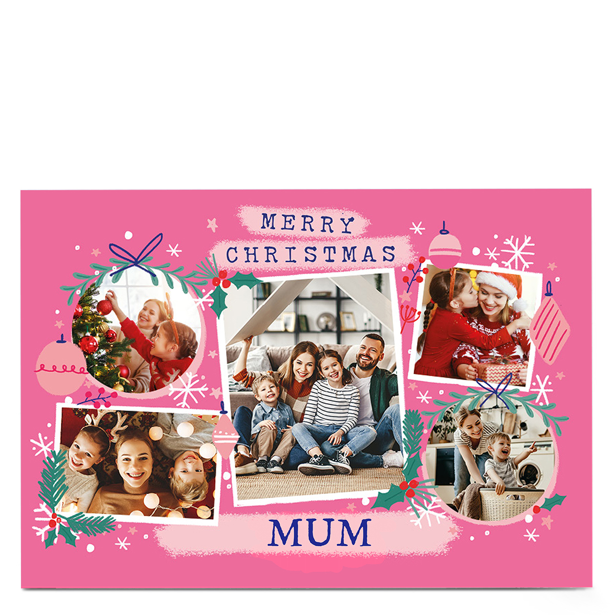 Photo Little Mono Christmas Card - Pink Baubles
