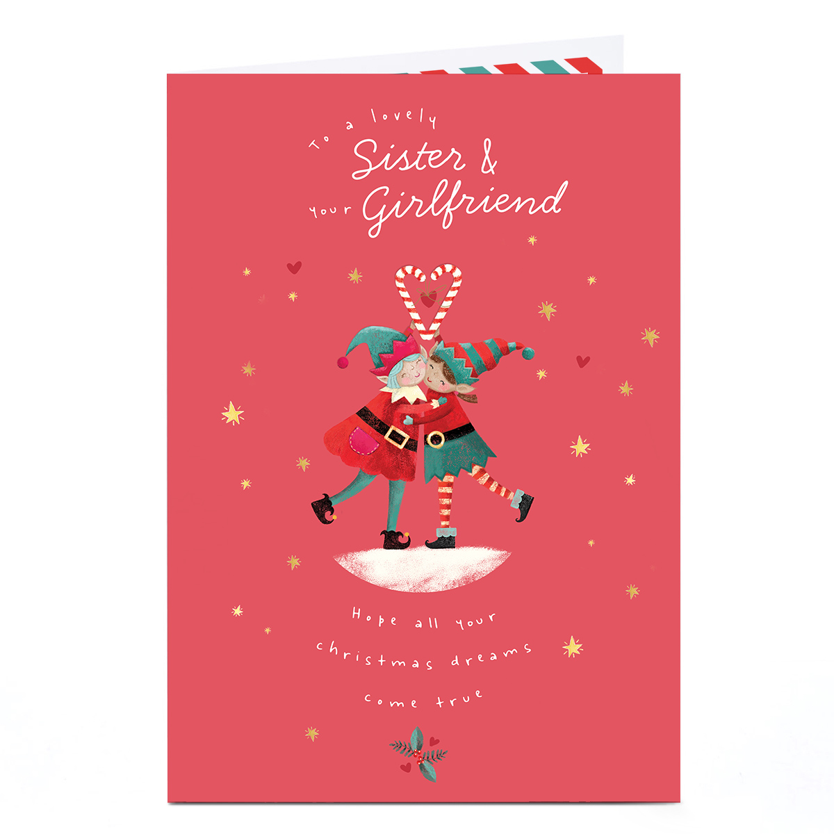 Christmas Card - Cuddling Elves, Sister & Your Girlfriend