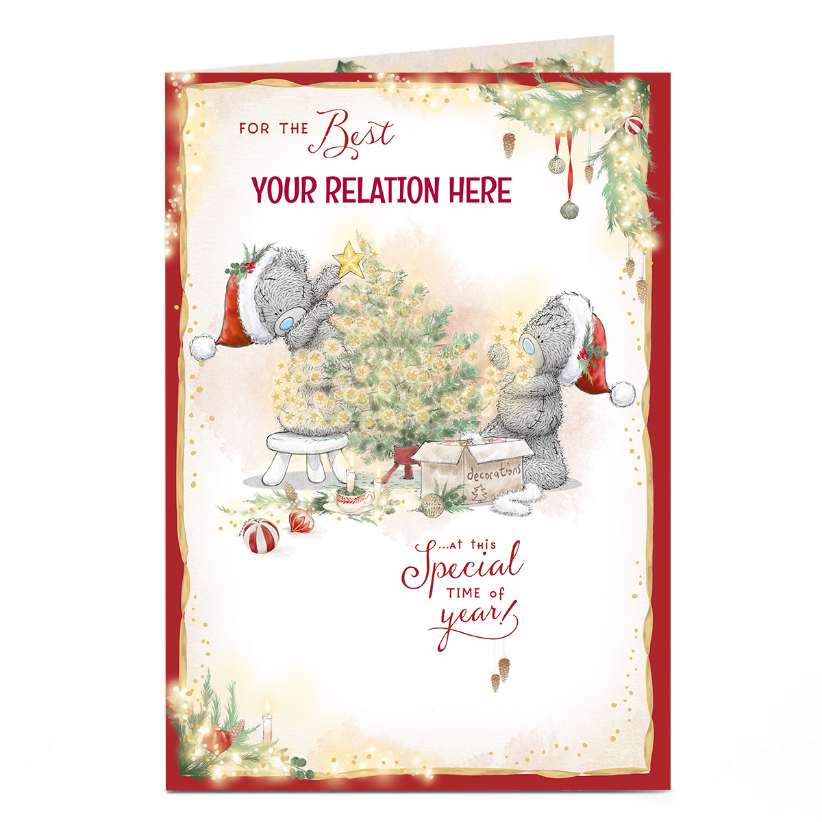 Personalised Tatty Teddy Christmas Card - Decorating Tree, Any Relation