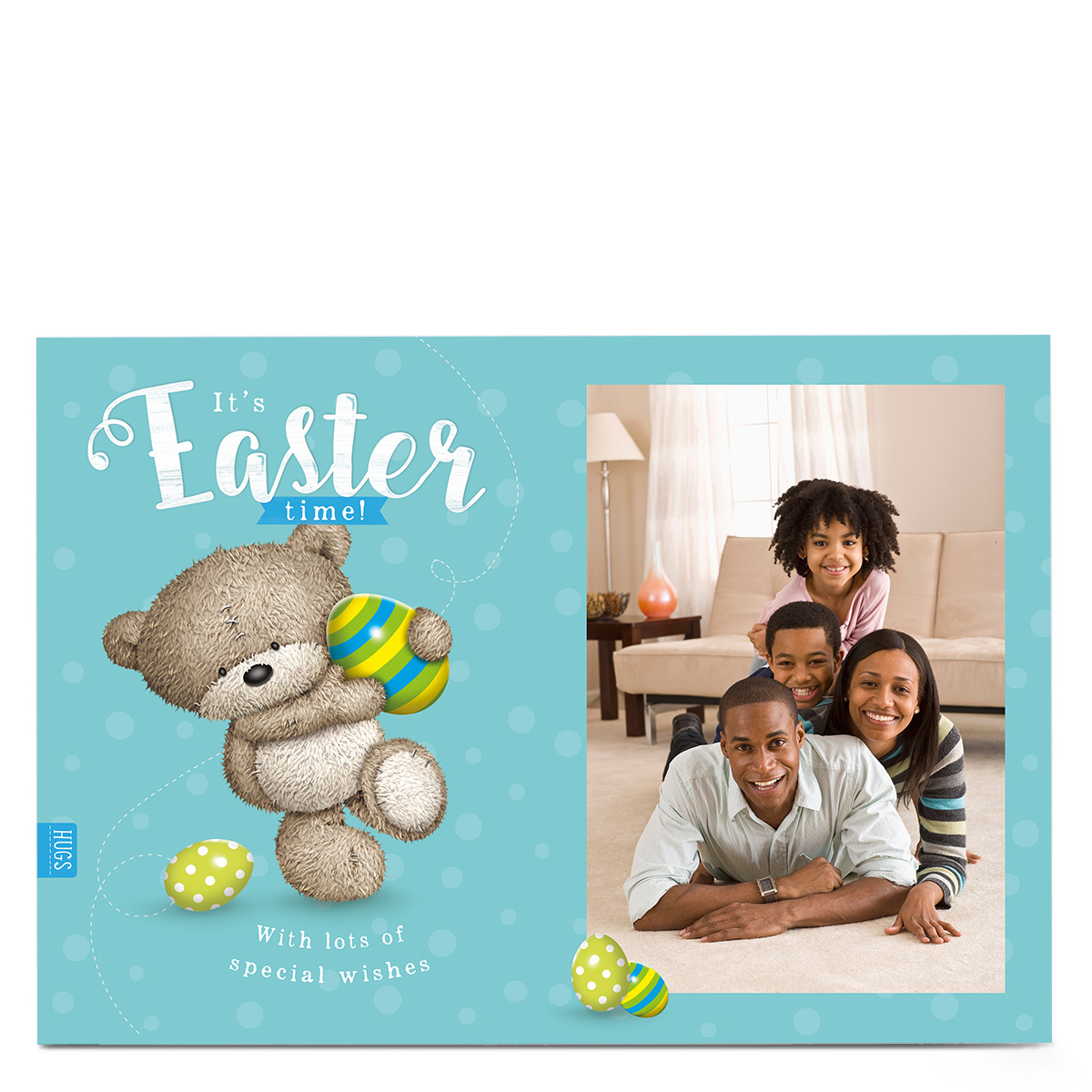 Hugs Photo Upload Easter Card - Blue & Green Spots & Stripes