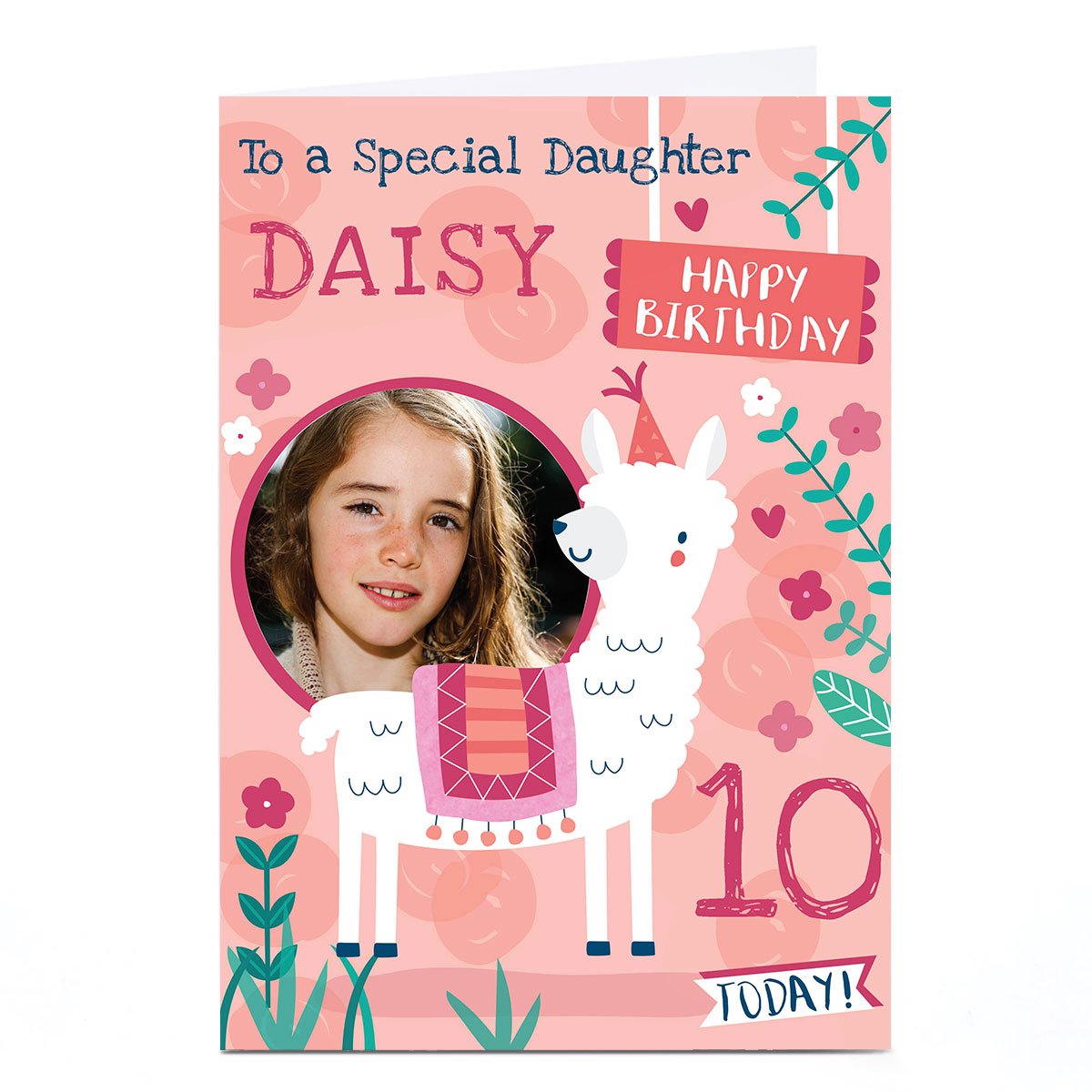 Photo Juniper & Rose Birthday Card - Llama, Editable Age