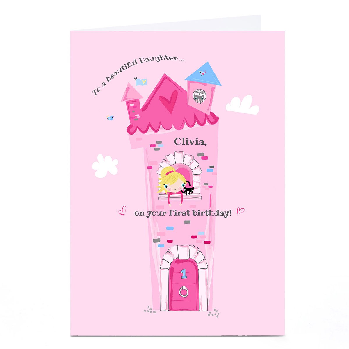 Personalised Rachel Griffin Birthday Card - Pink Princess Castle, With Name
