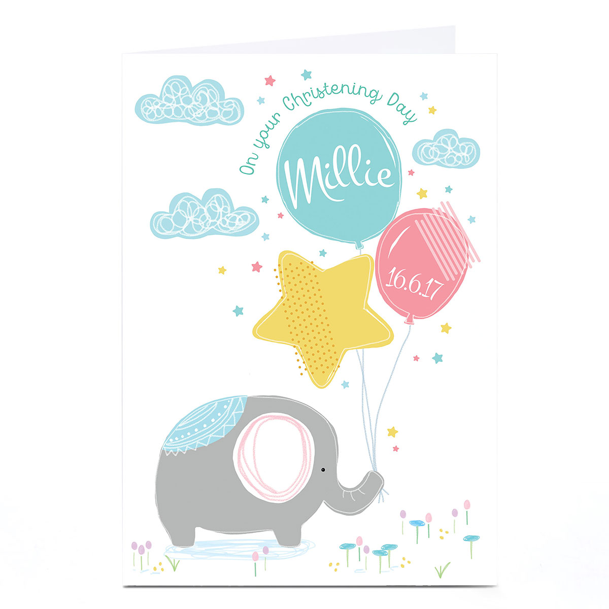 Personalised Christening Card - Elephant & Balloons