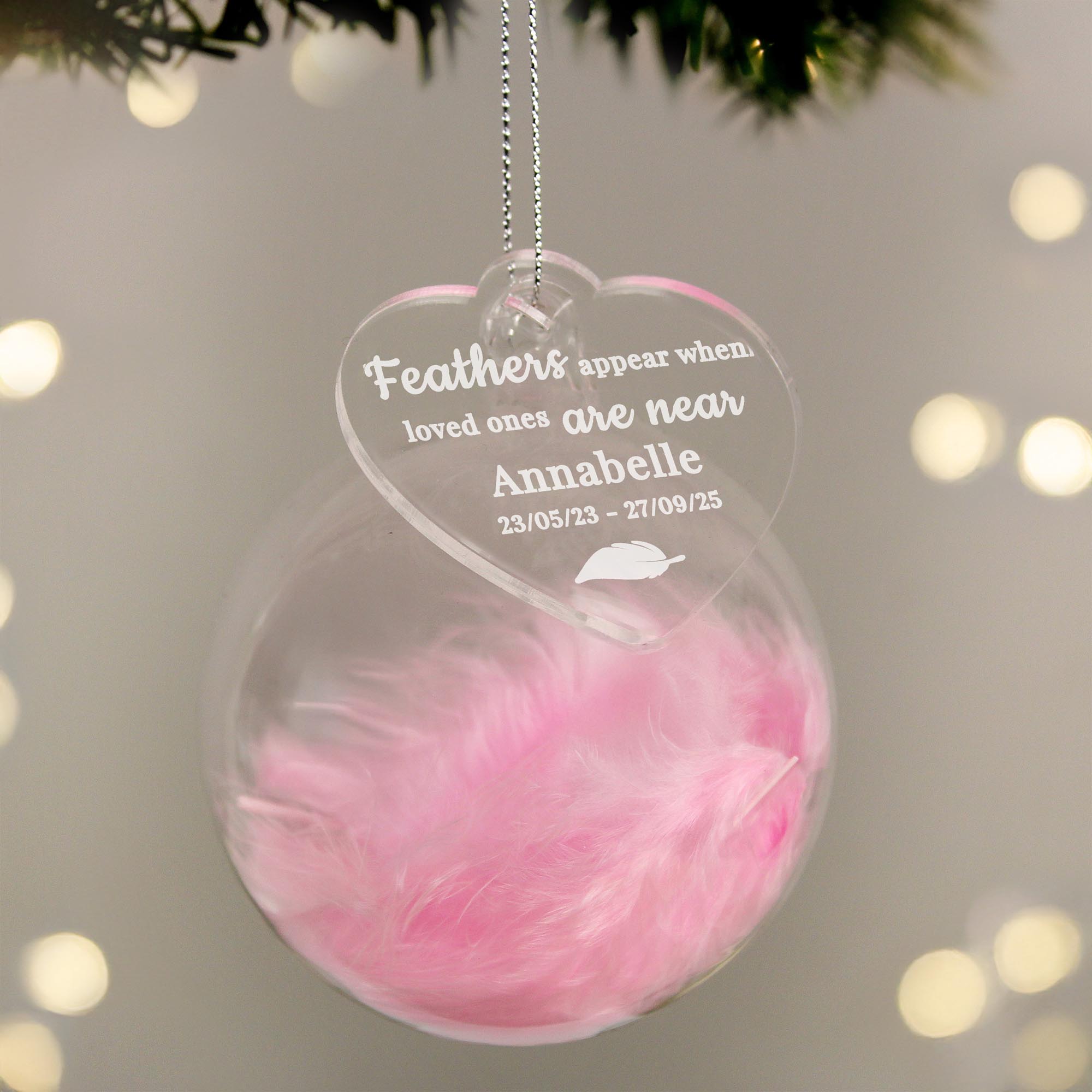 Personalised Pink Memorial Feather Bauble