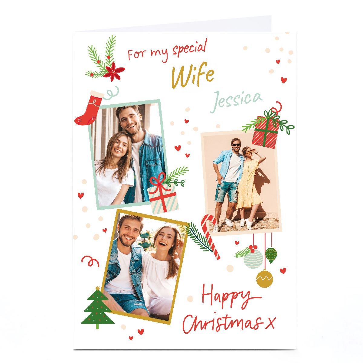 Photo Christmas Card - 3 Photos Happy Christmas Illustrations, Wife