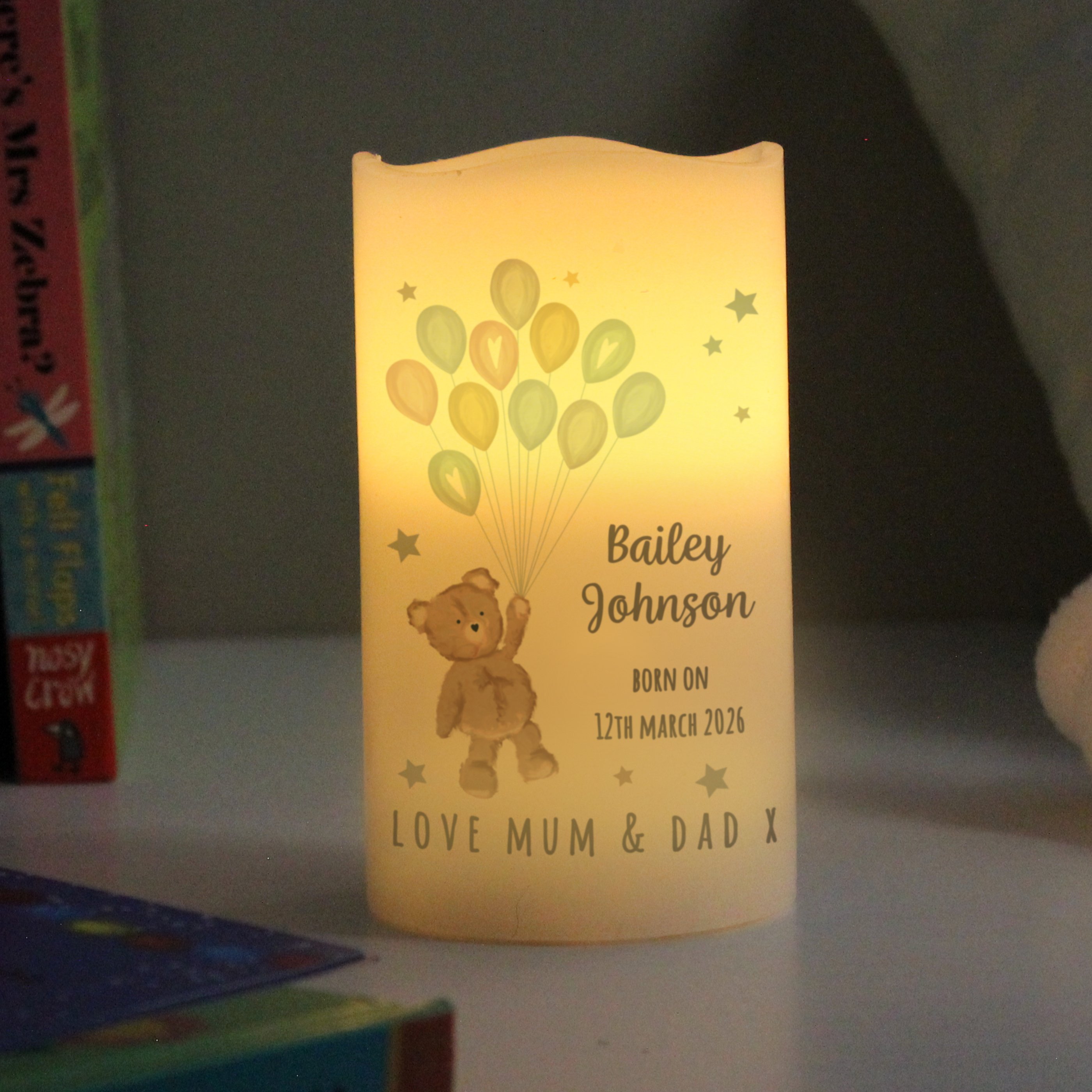 Personalised Teddy & Balloons Nightlight LED Candle