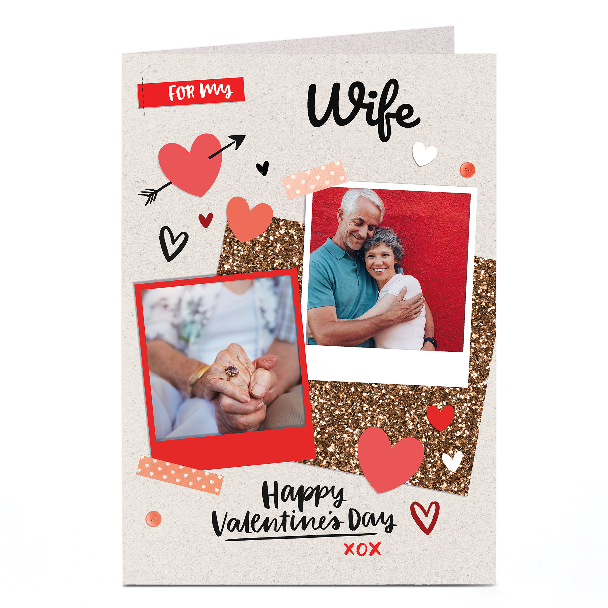 Photo Upload Valentine's Card - Red Hearts & Polaroids, Wife