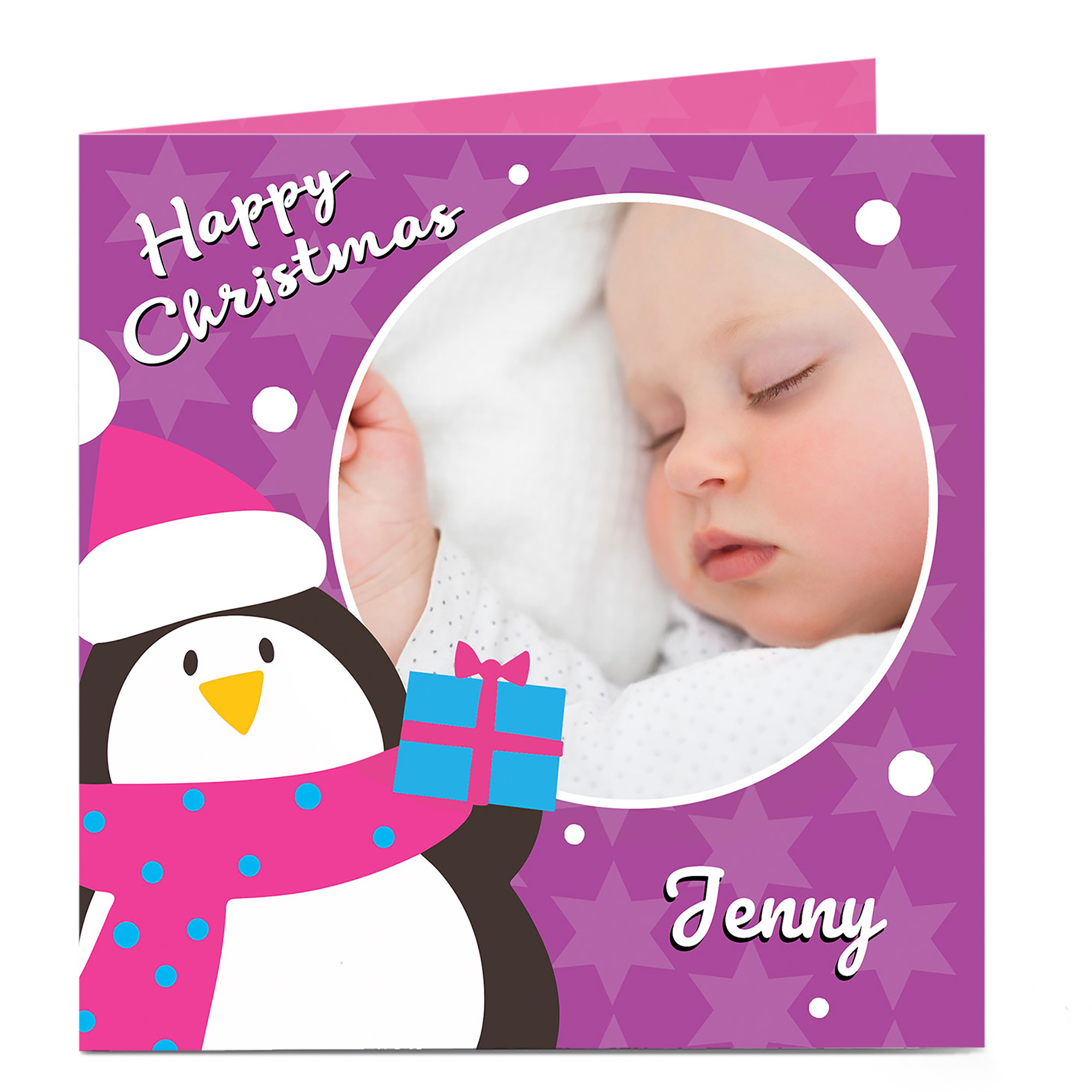 Photo Christmas Card - Penguin, Purple