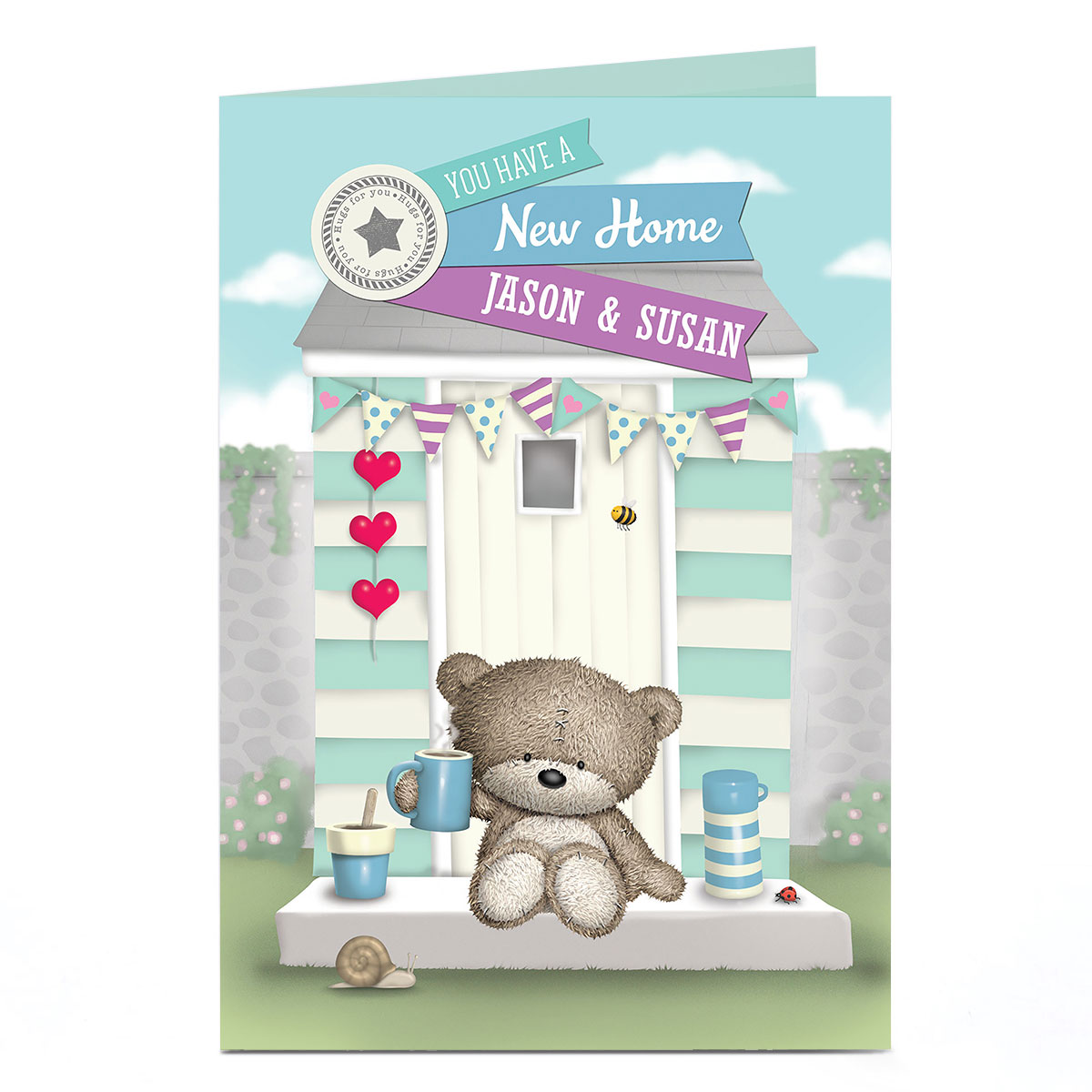 Personalised Hugs Bear New Home Card - Cup Of Tea
