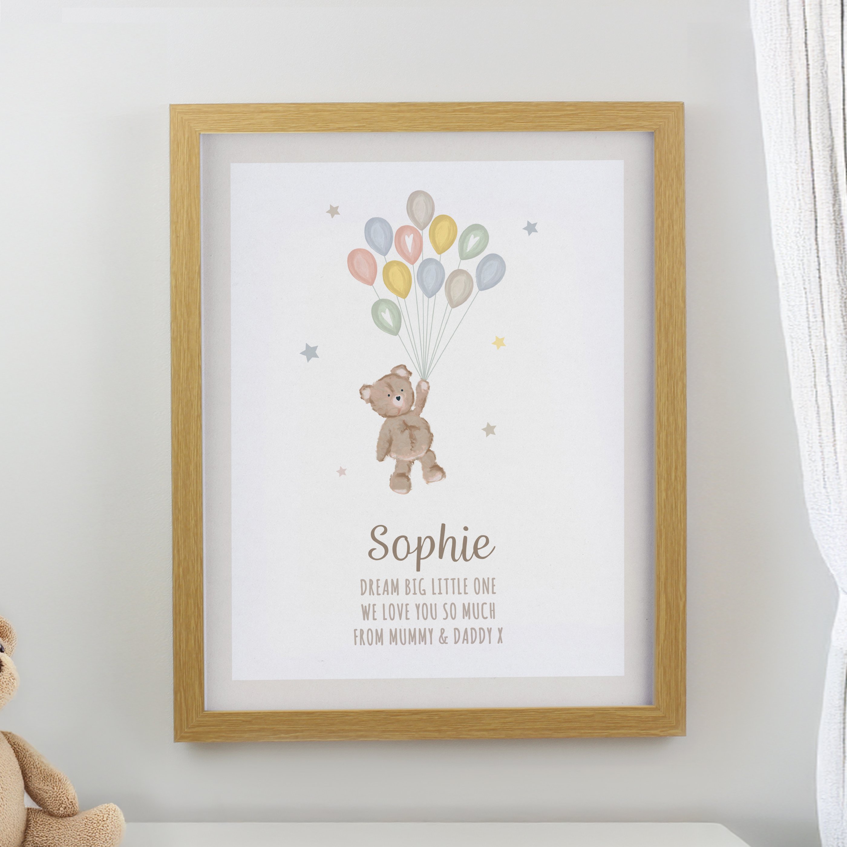 Personalised Teddy Balloon Oak Poster Frame