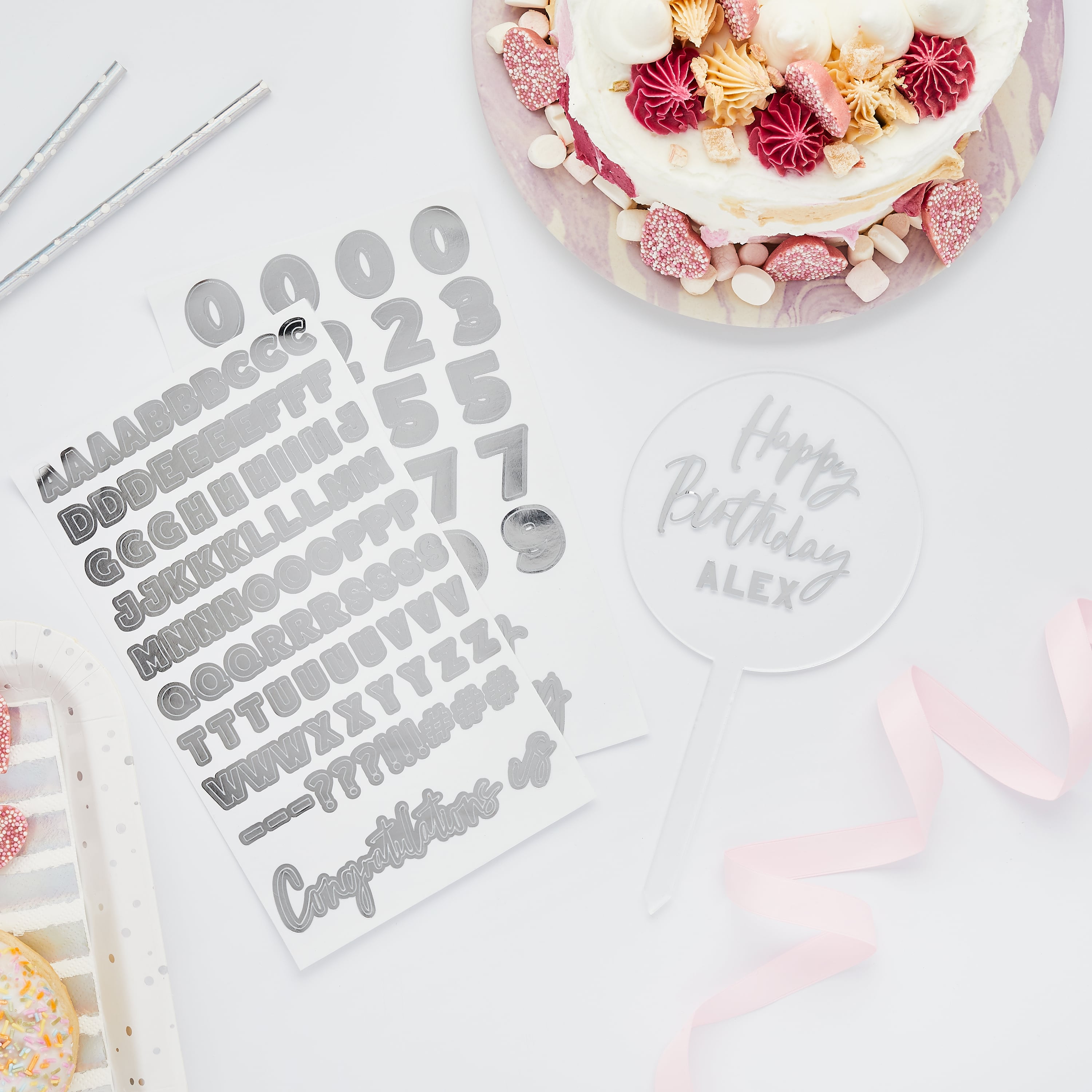 Metallic Silver Customisable Acrylic Cake Topper